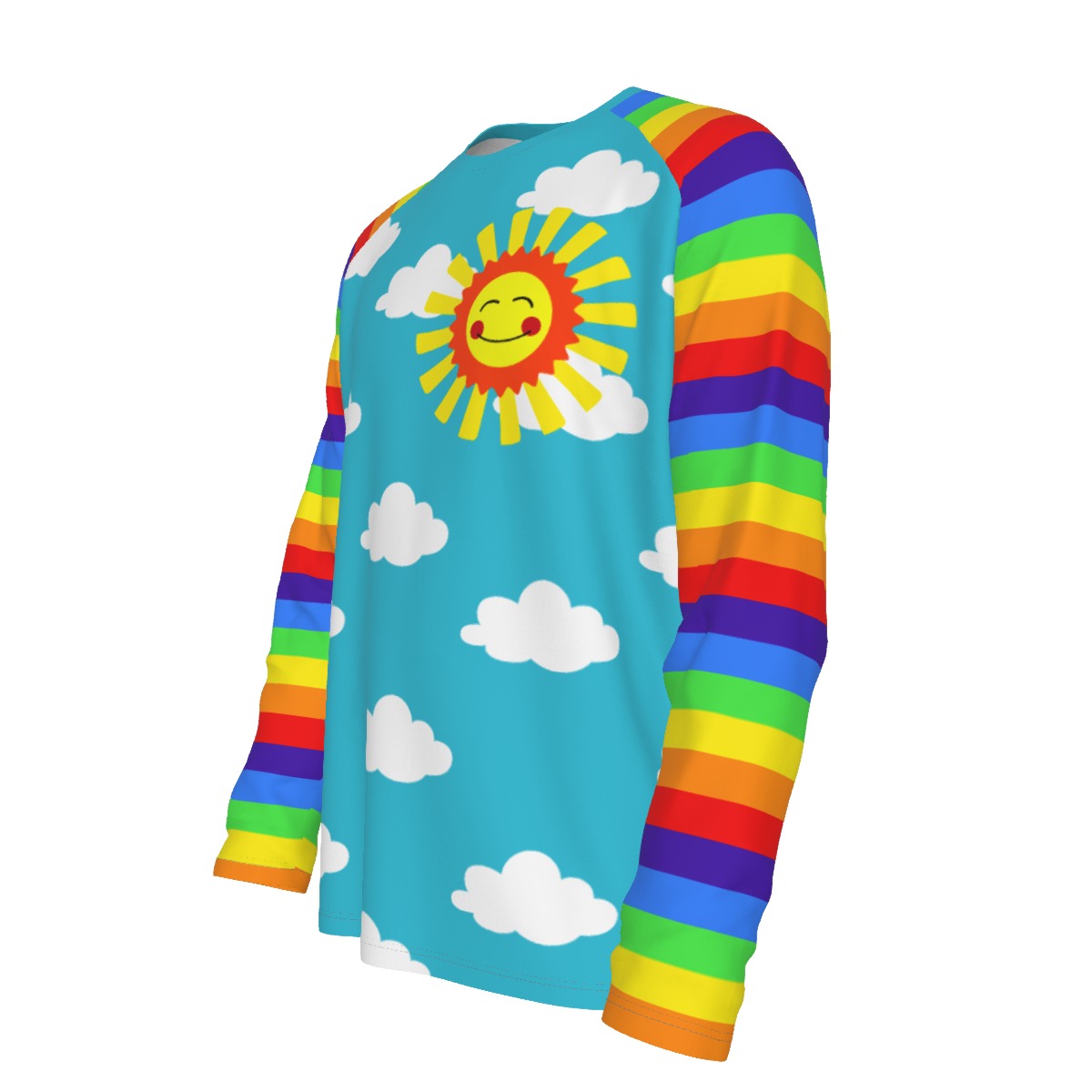 Colorful shirt with rainbow sleeves and a sun design on a white background