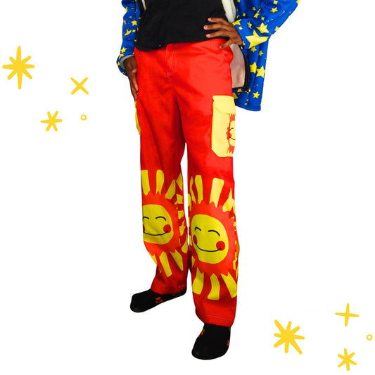 Silly Sun clown cargo pants in red with yellow smiling sunshine design