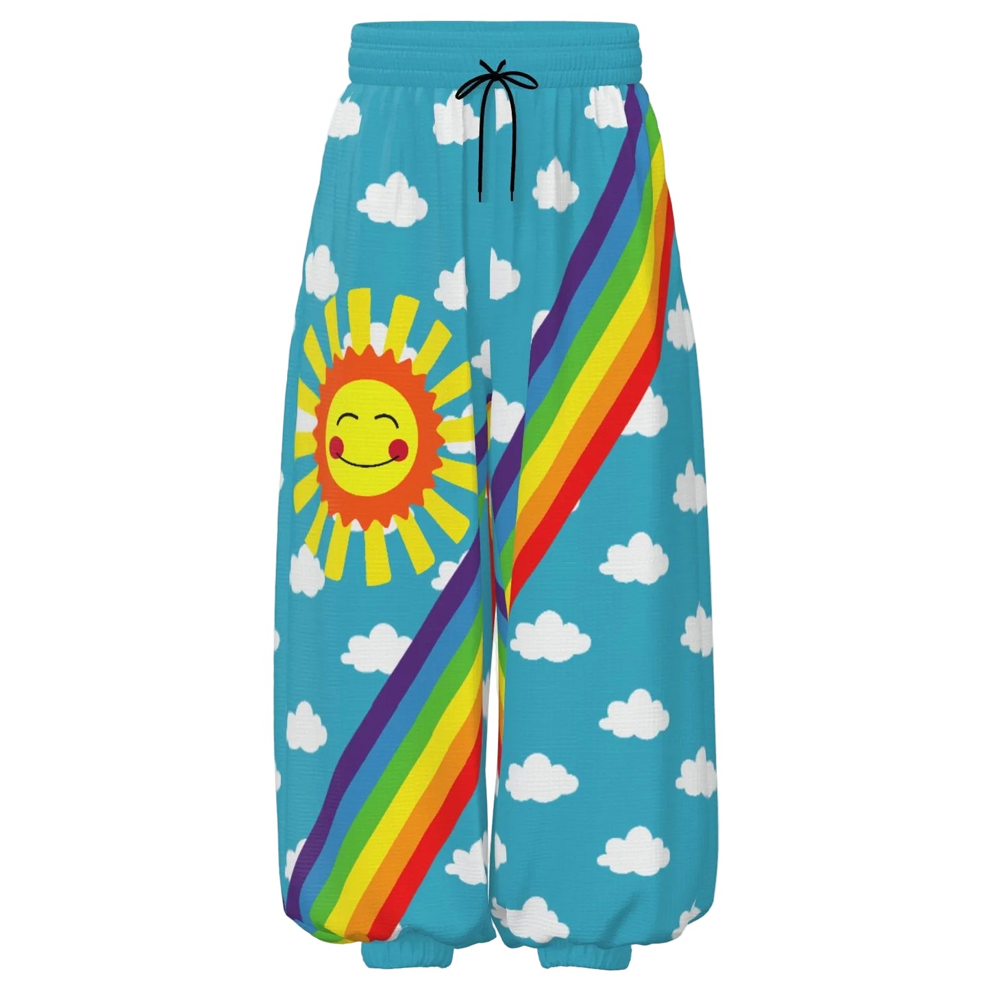 Colorful pants with a sun and rainbow design on a blue background with white clouds.