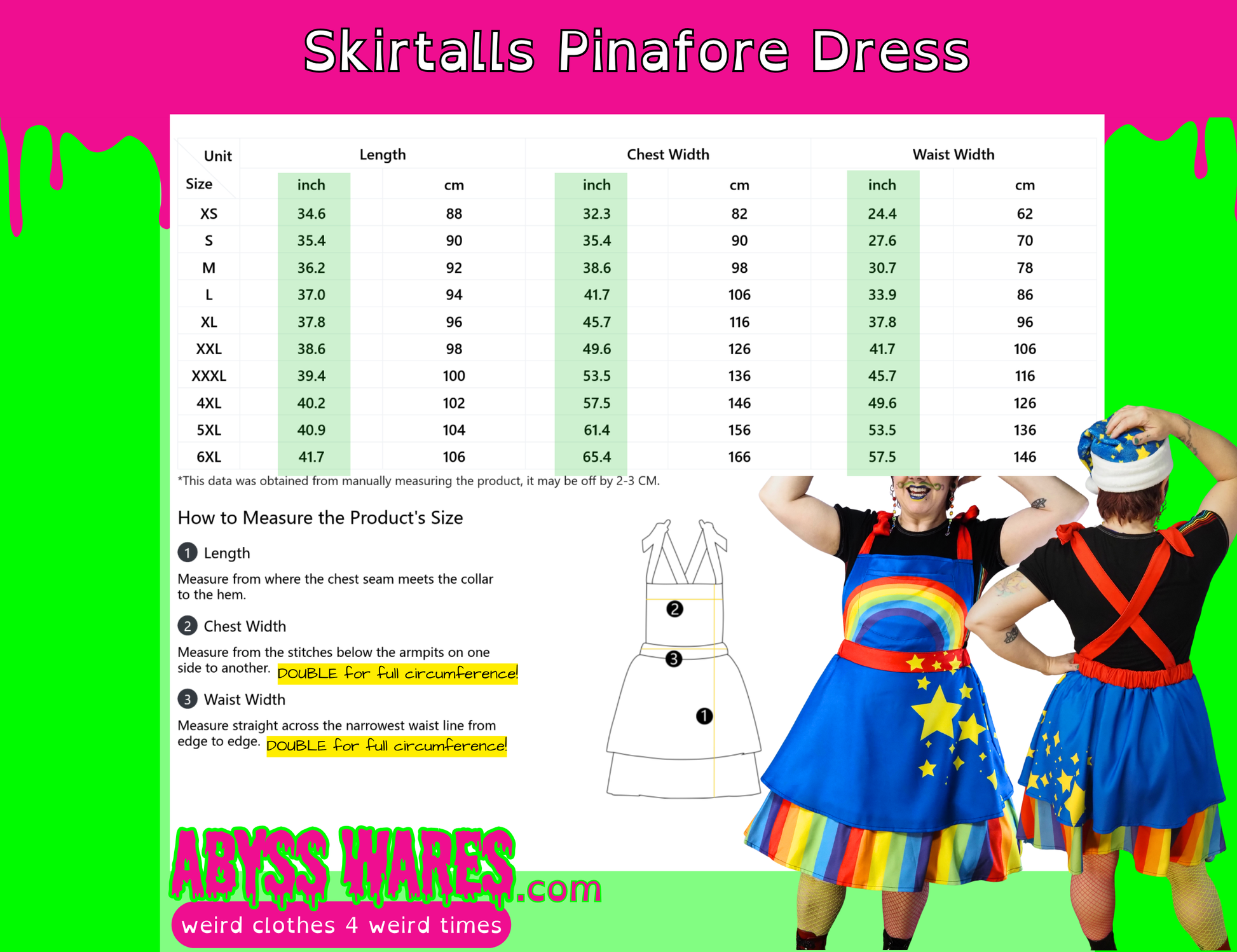 Measurement chart for a skirtails pinafore dress with two models wearing the dress on a green and pink background.