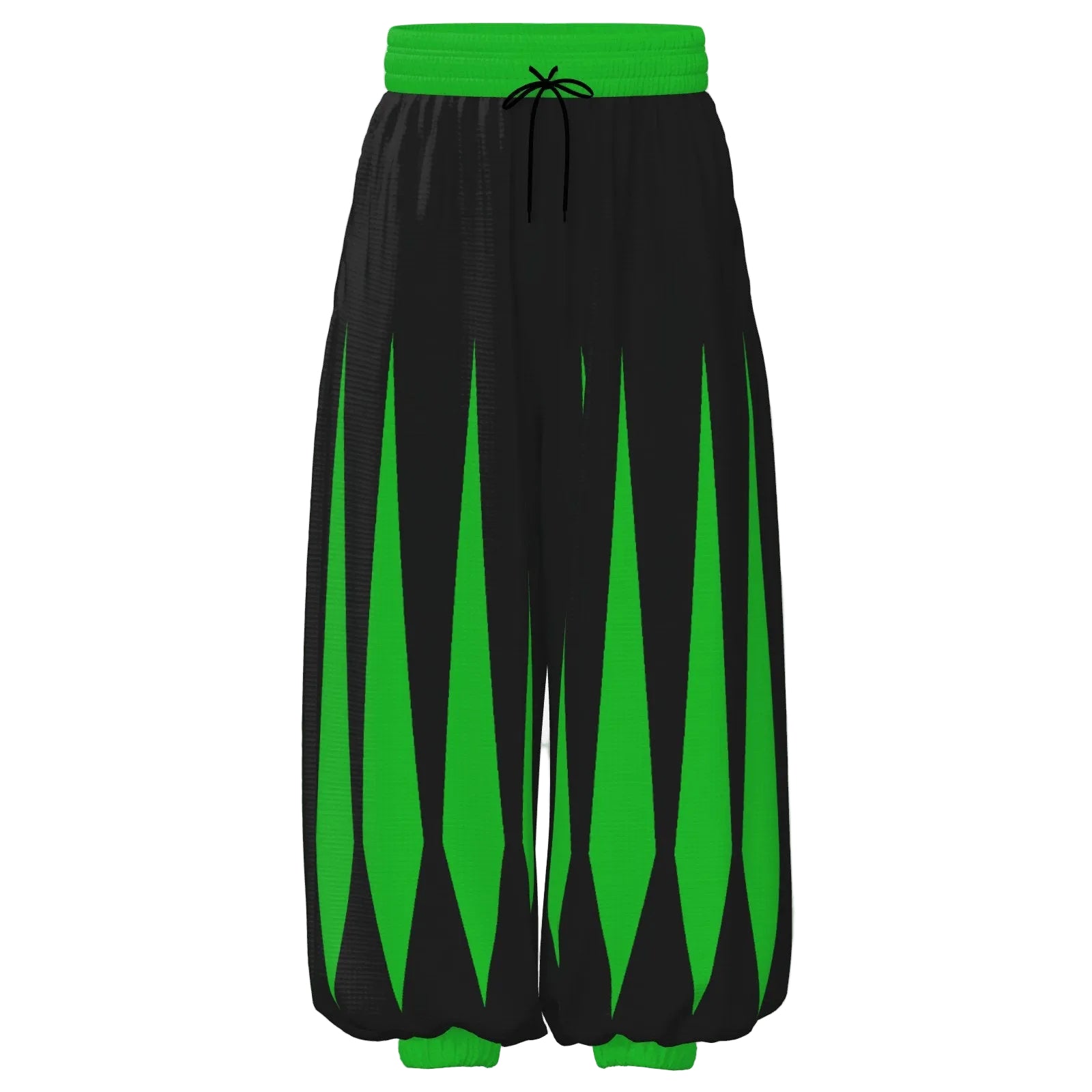 Black and green pants with a drawstring on a white background