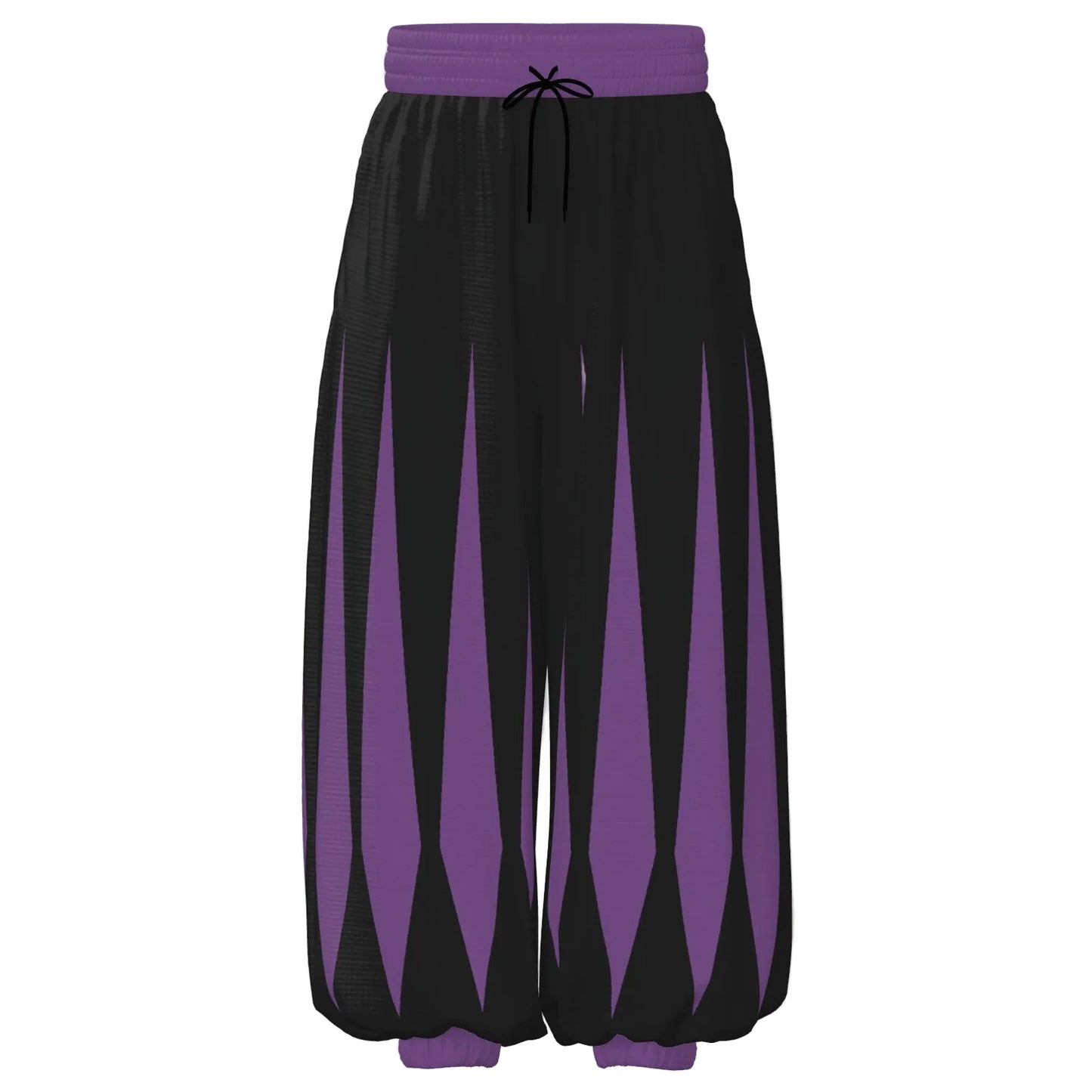 Black and purple poofy jester pants with a drawstring