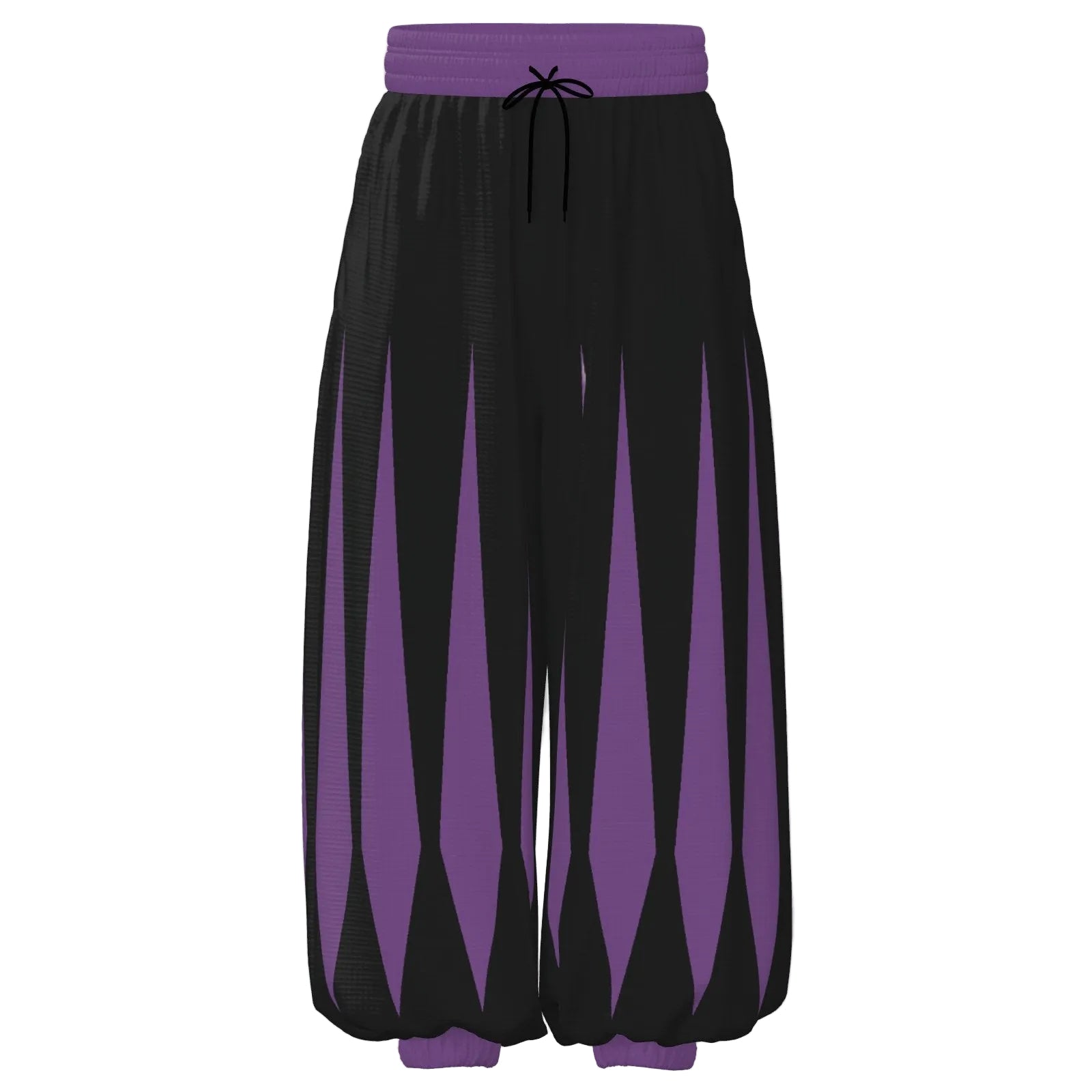 Black and purple poofy jester pants with a drawstring