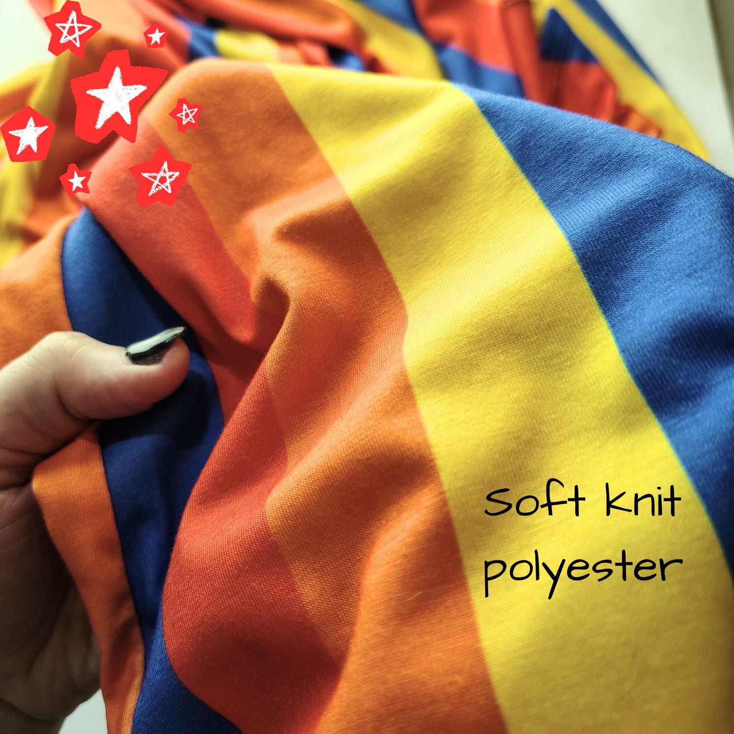 Colorful fabric with a hand holding it, labeled 'soft knit polyester'.