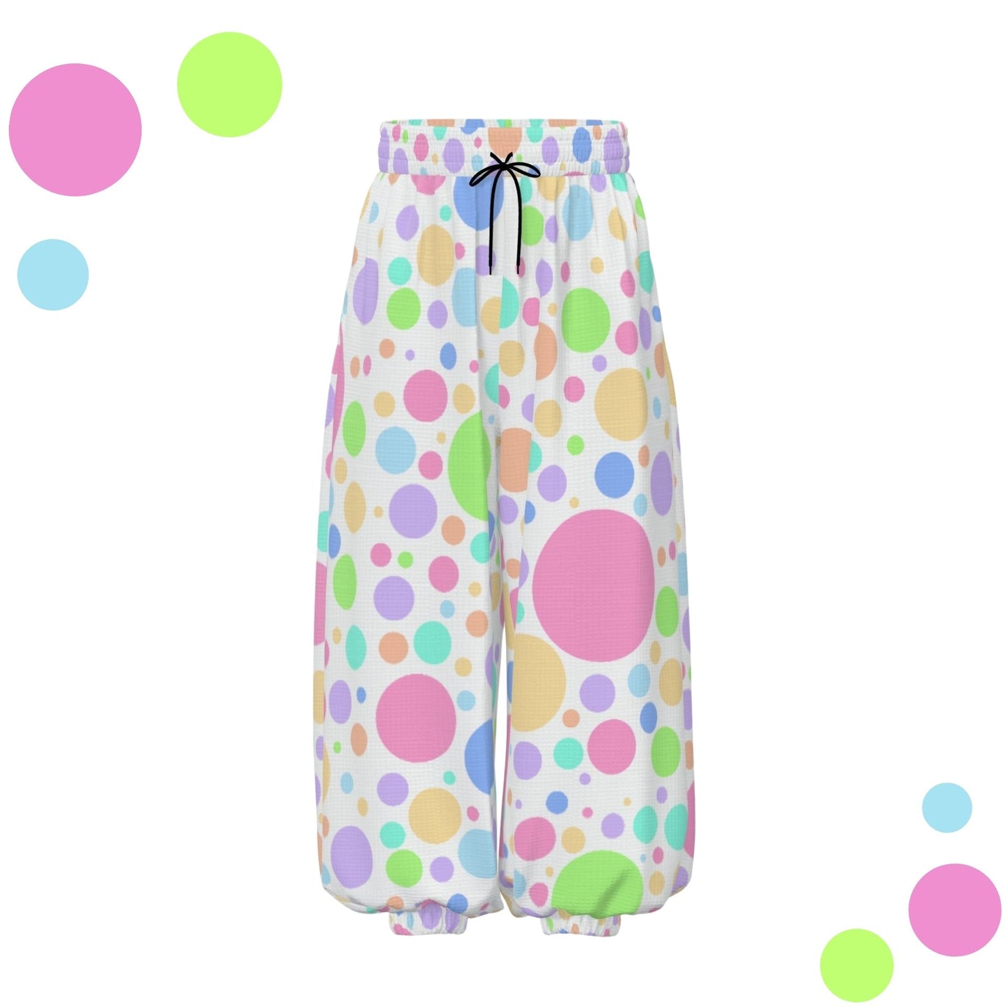 Colorful polka dot pants with a bow on a white background