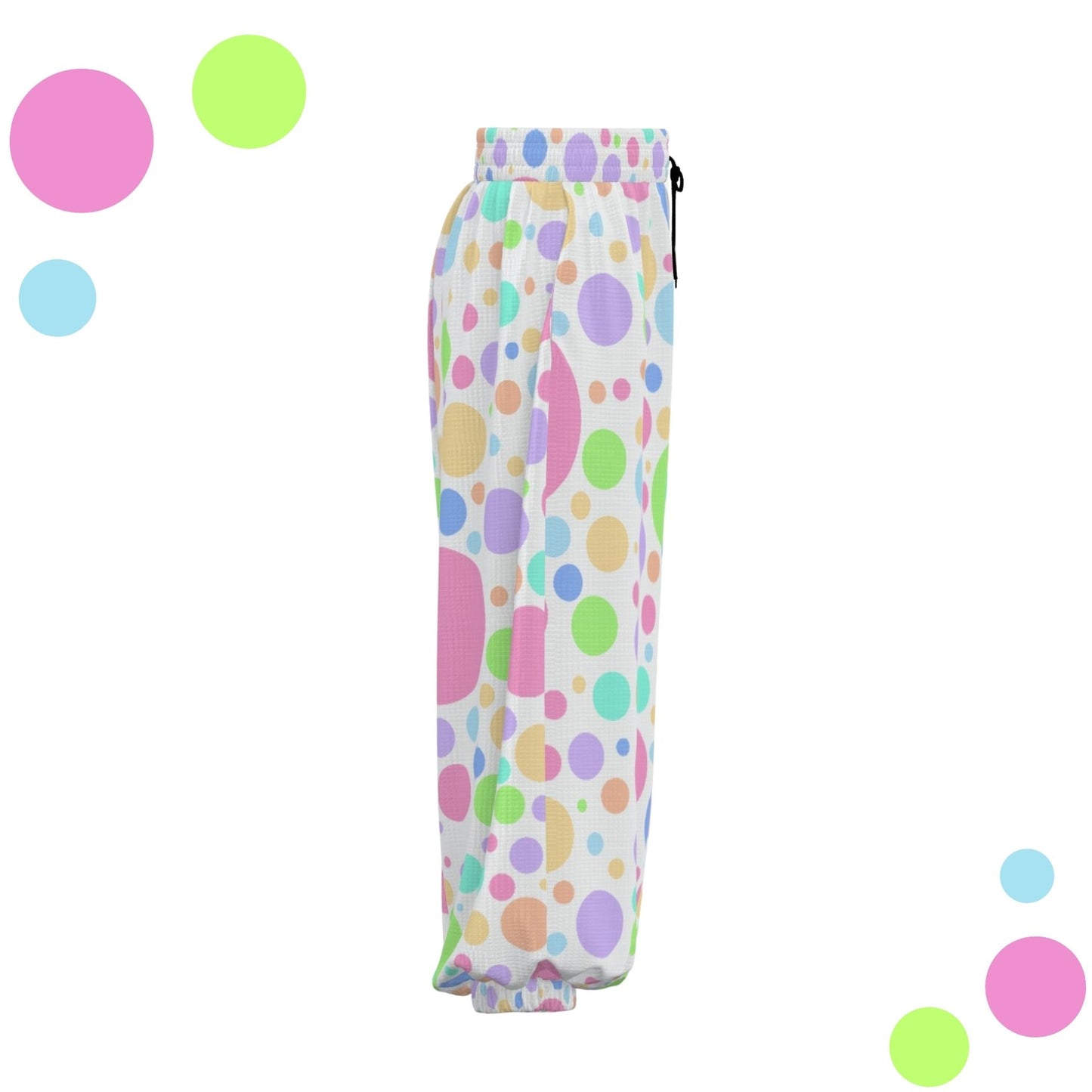 Colorful polka dot pattern on a white background