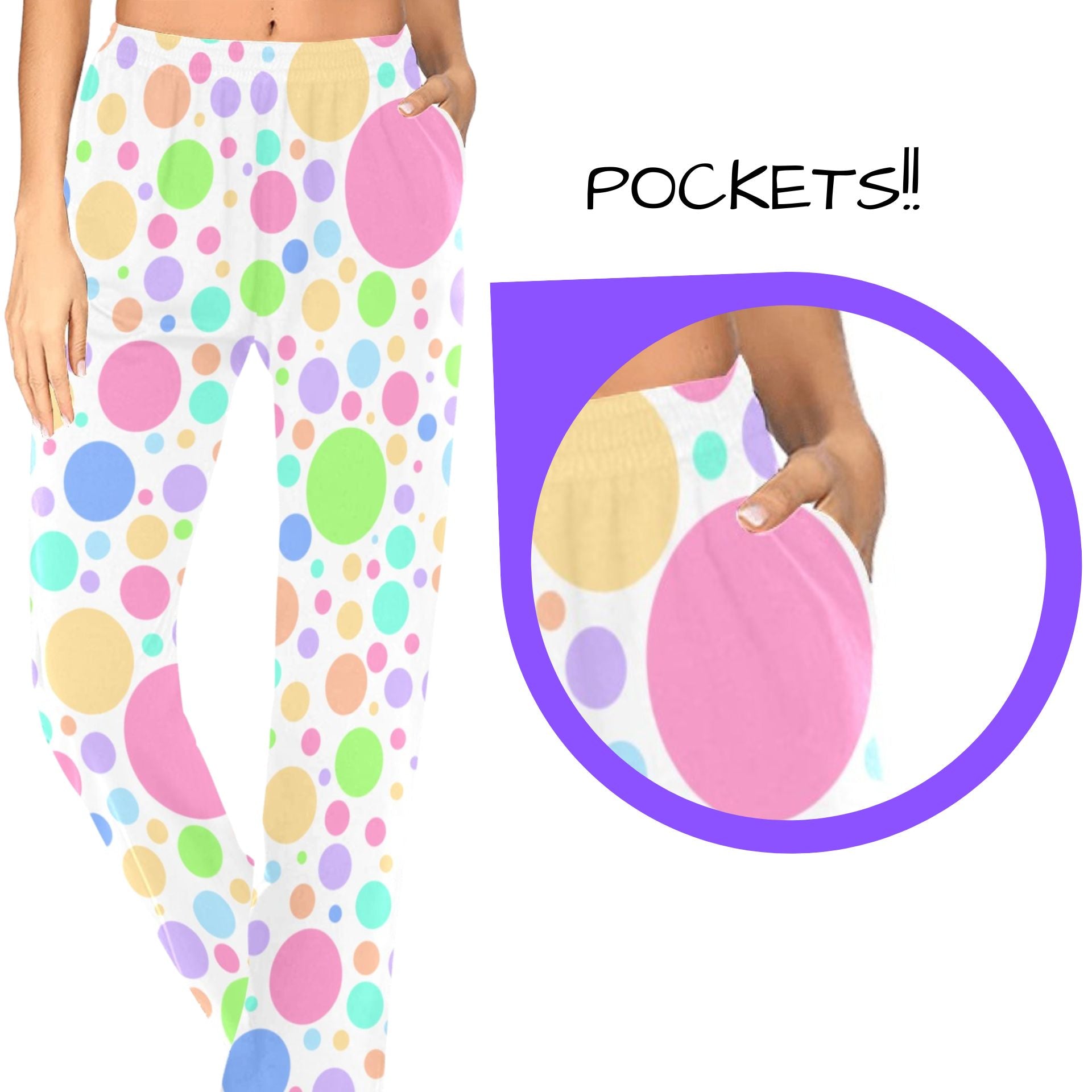 long clown pants for women, adult size sleepwear or costume pants in sweet polka dots