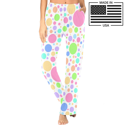 Softie Spots clown lounge pants for women in white and pastel polkadots