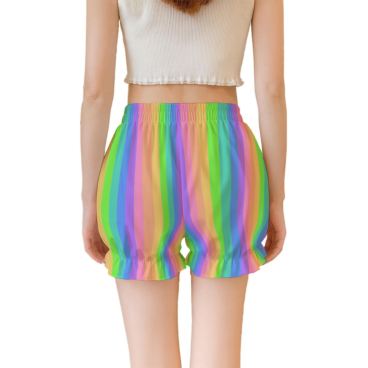 Multicolored striped shorts worn by a person on a white background