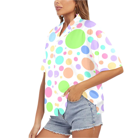 Softie Spots Womens Blouse hawaiian style summer short sleeve camp collar shirt for ladies with pastel polkadots made in USA tariff-free