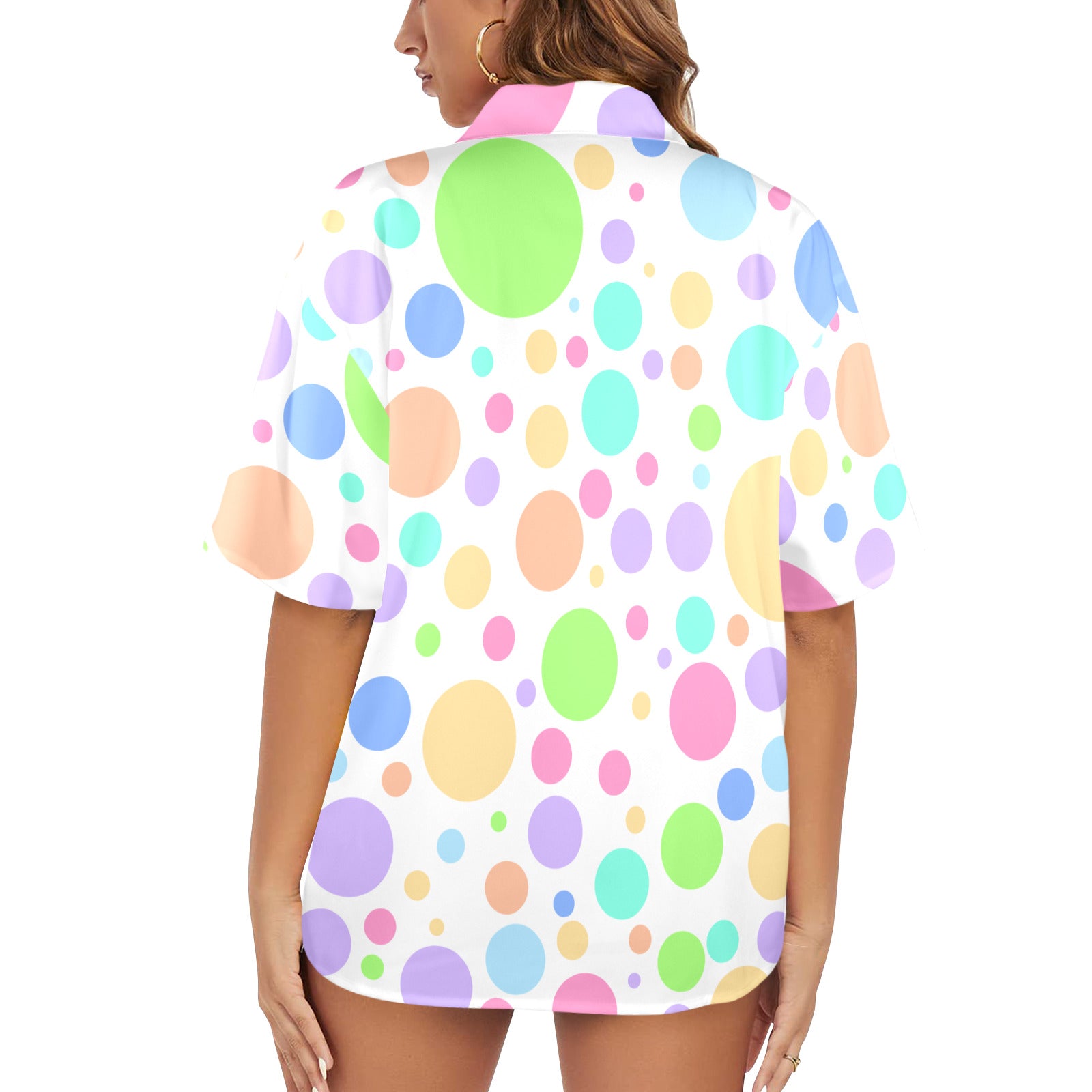 sweet clown core outfit for women, blouse with pastel spots on a short sleeve hawaiian style shirt made in America