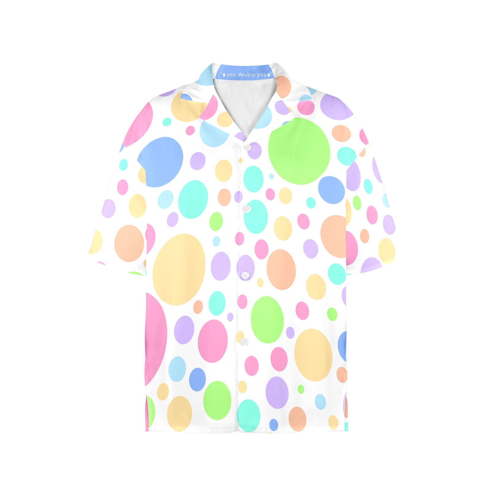 Womens Softie Spots Hawaiian shirt with cute pastel polkadots on white, short sleeved cutecore clown shirt made in USA, tariff-free
