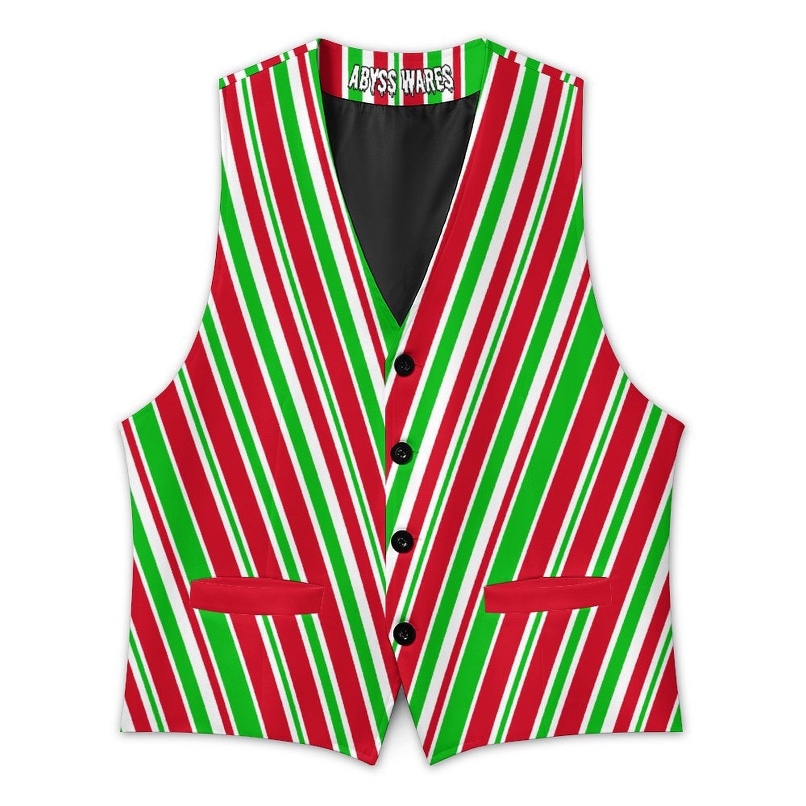 Striped vest with red, green, and white pattern on a white background