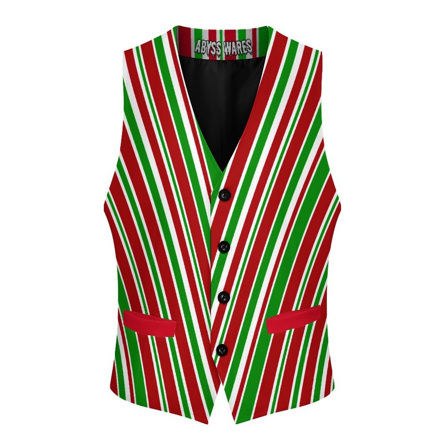 Red, green, and white striped vest with 'Abyss Wares' label on a white background