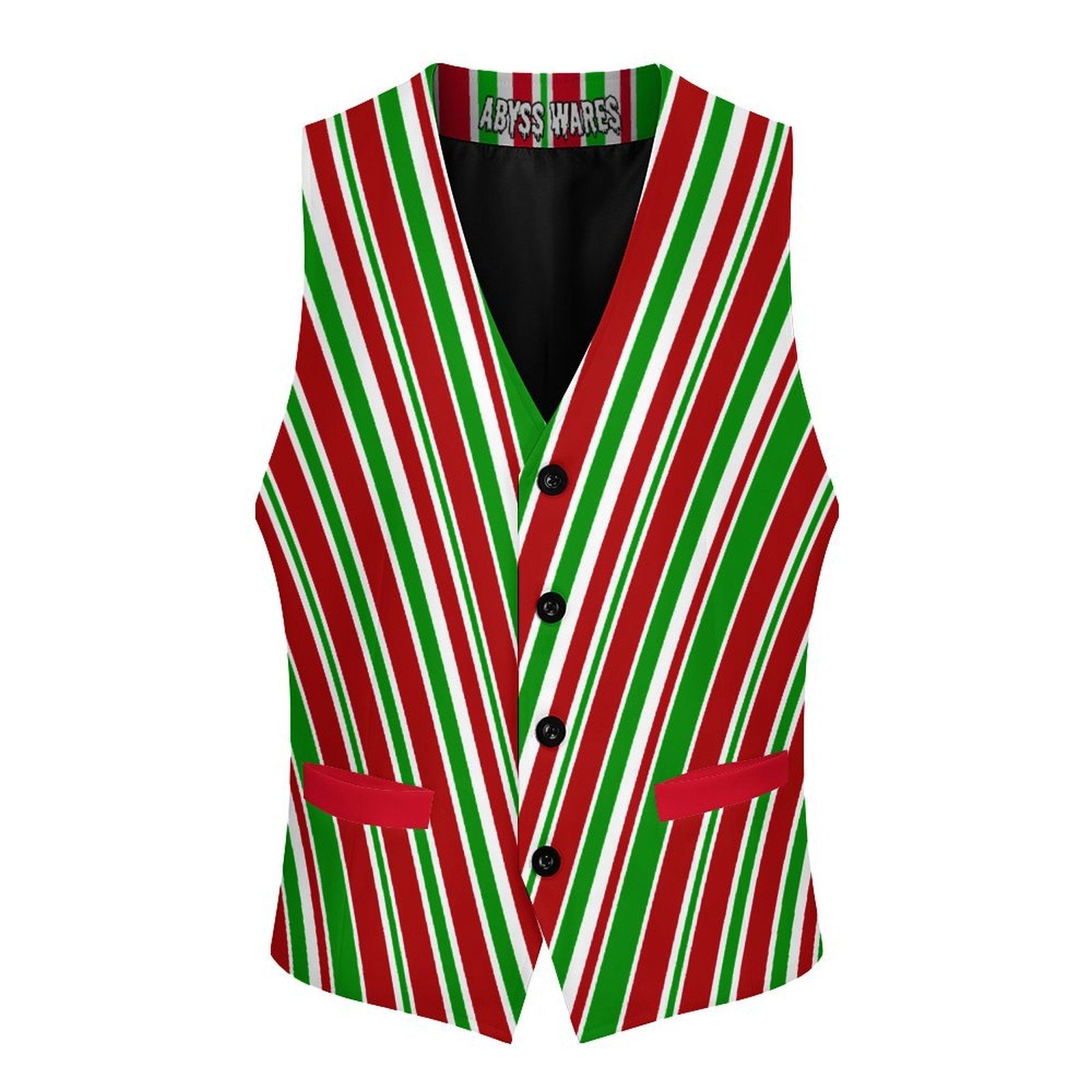Red, green, and white striped vest with 'Abyss Wares' label on a white background