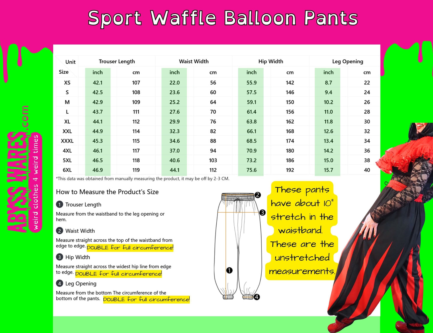 Measurement chart for Sport Waffle Balloon Pants with a model wearing the pants on a green background.