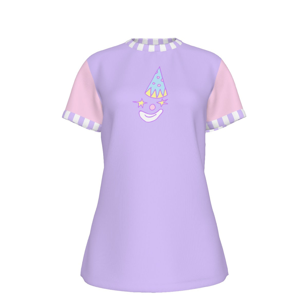 Starry_Eyed_Clown_Pastel_Fairy_Kei_Womens_Tshirt with a cute clown face doodle on the hest and pink short sleeves with purple white stripes