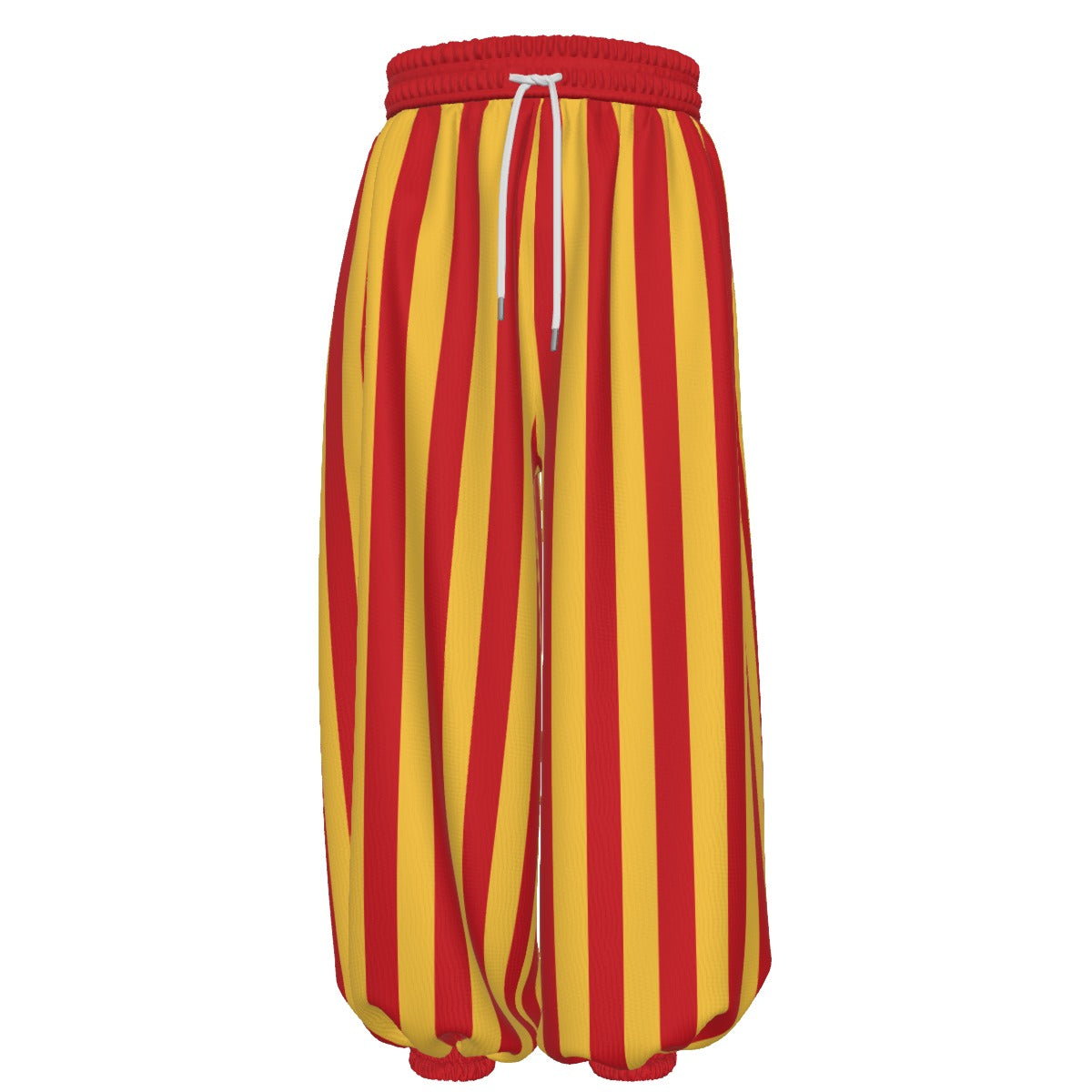 Red and yellow striped baggy clown pants with a white drawstring