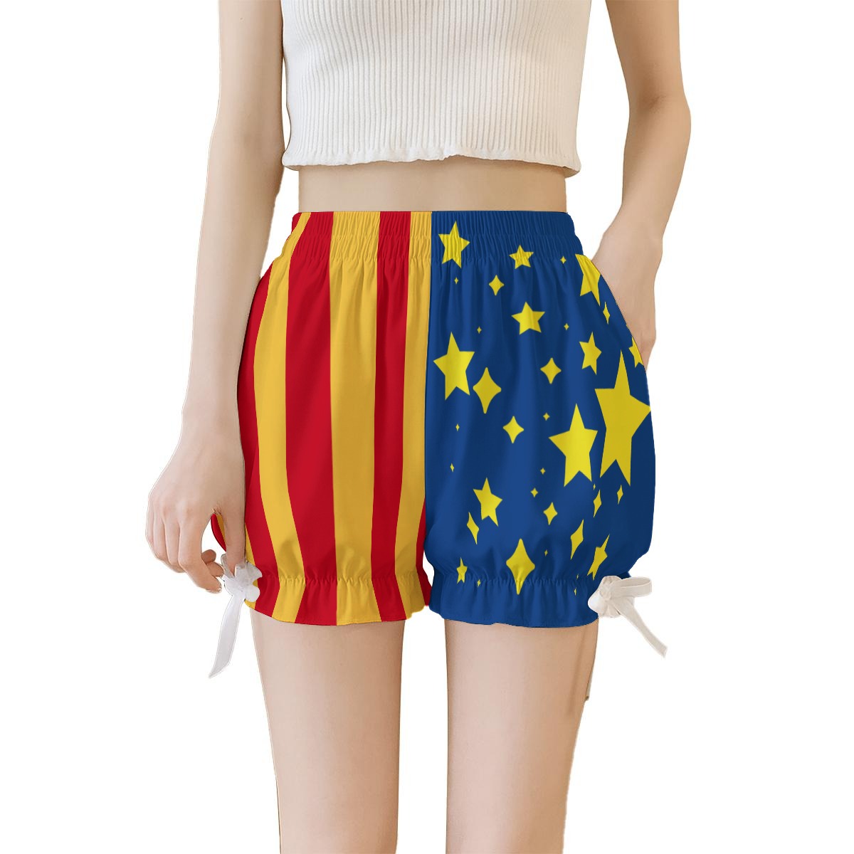 Colorful shorts with star pattern and stripe pattern split between pant legs