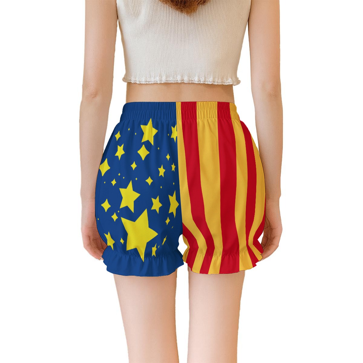 Shorts with a blue and red design featuring yellow stars on a white background