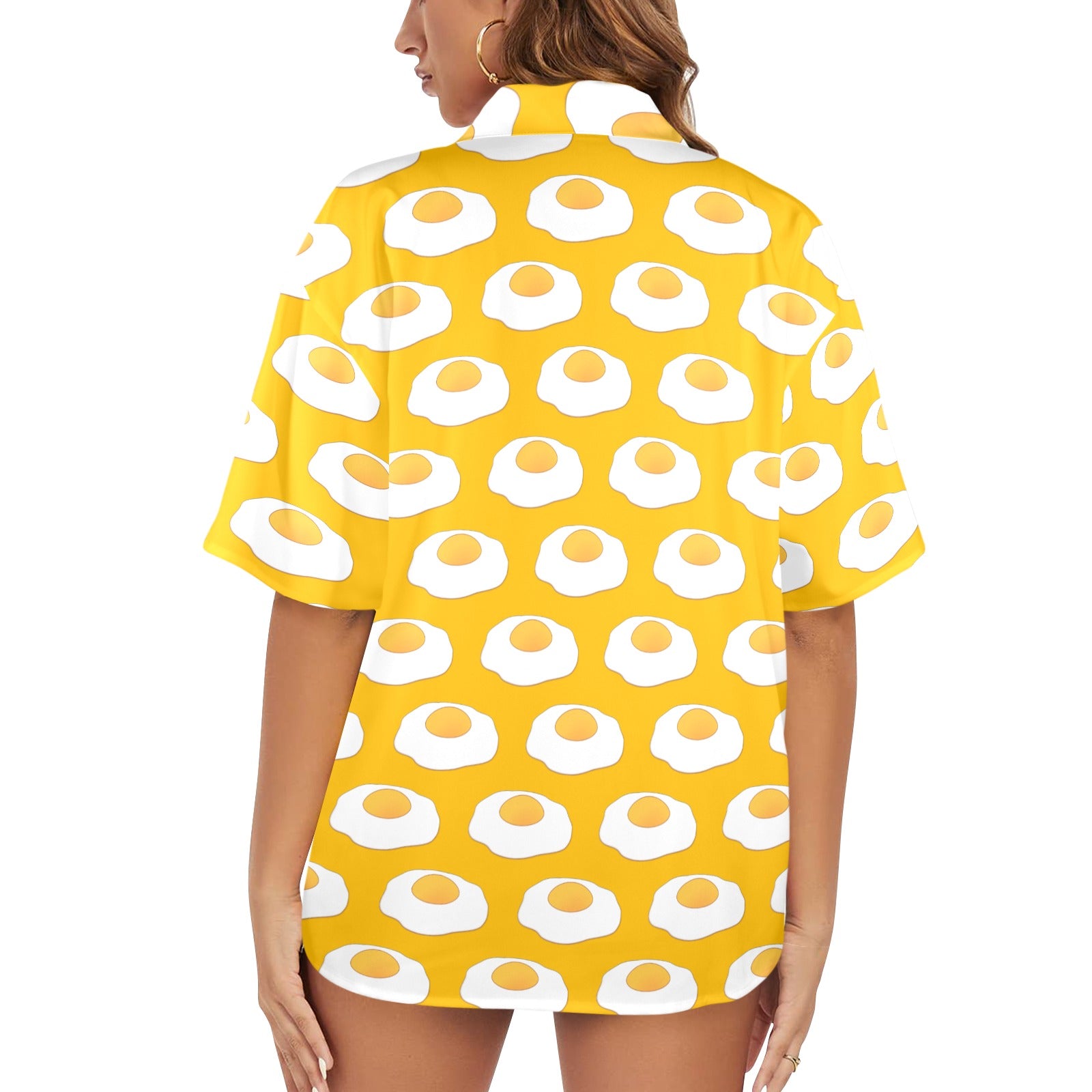 all over print of fried eggs on a ladies Hawaiian shirt