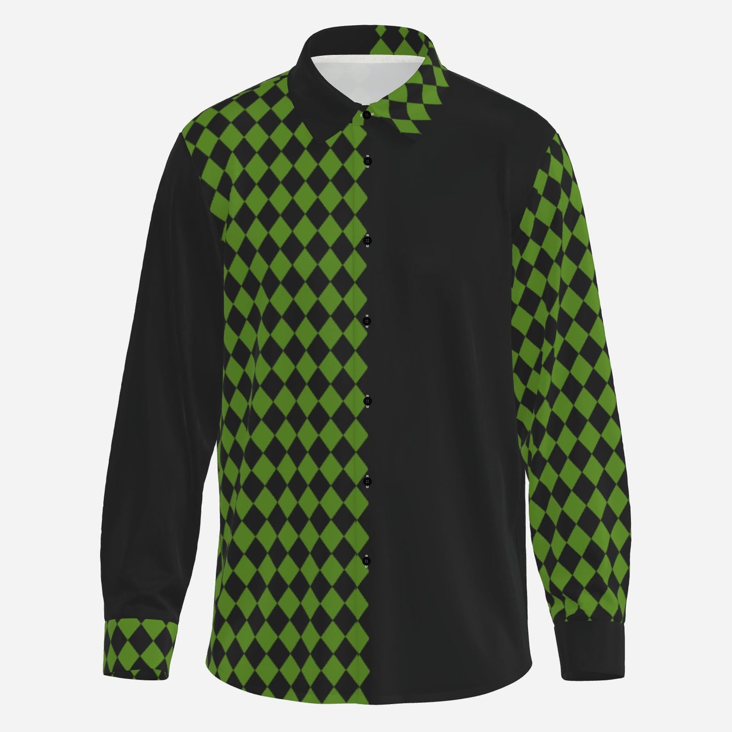 Svelto Silky Shirt Pine Green Black Harlequin Split Jester Blouse Button Up