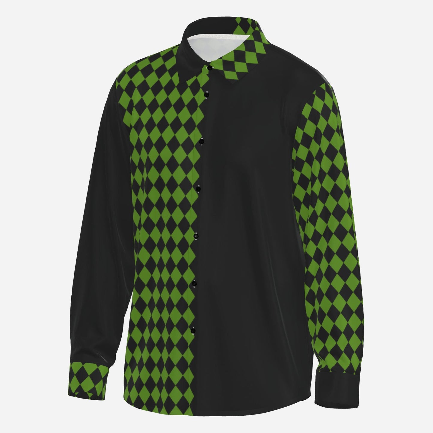 Svelto Silky Shirt Pine Green Black Harlequin Split Jester Blouse Button Up