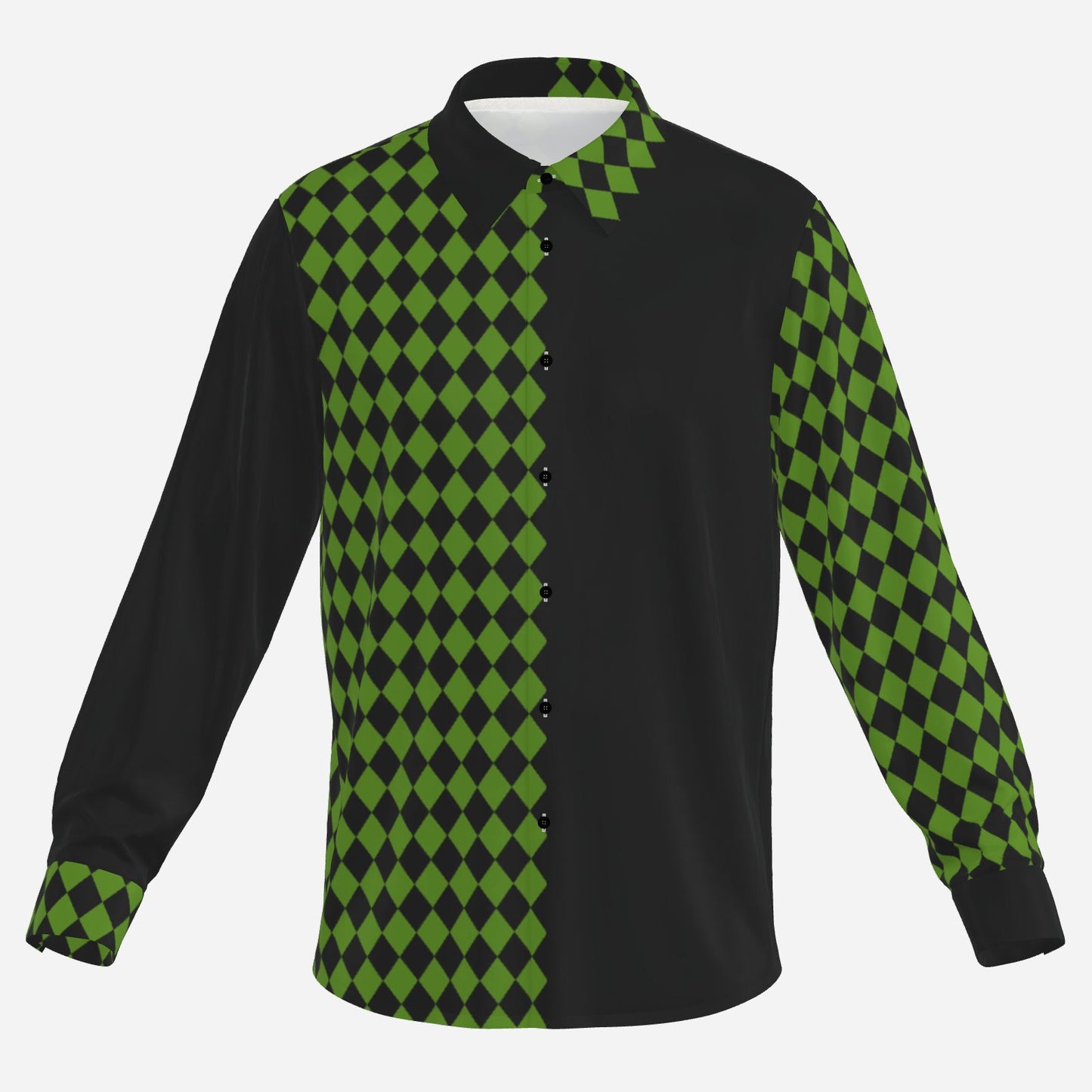 Svelto Silky Shirt Pine Green Black Harlequin Split Jester Blouse Button Up