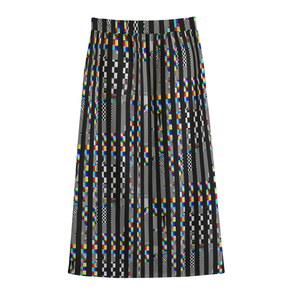 back view of Skirt with colorful pixelated pattern on a white background