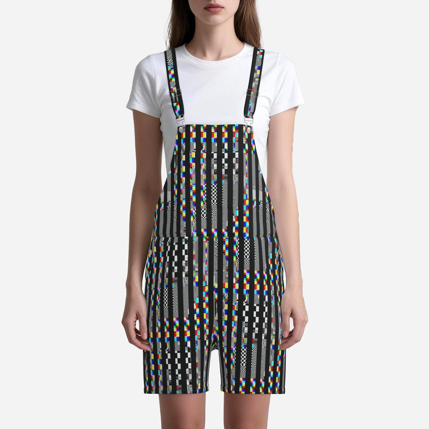 Shortie Overalls TV Glitch Stripe Weirdcore Scene Dungaree Shorts