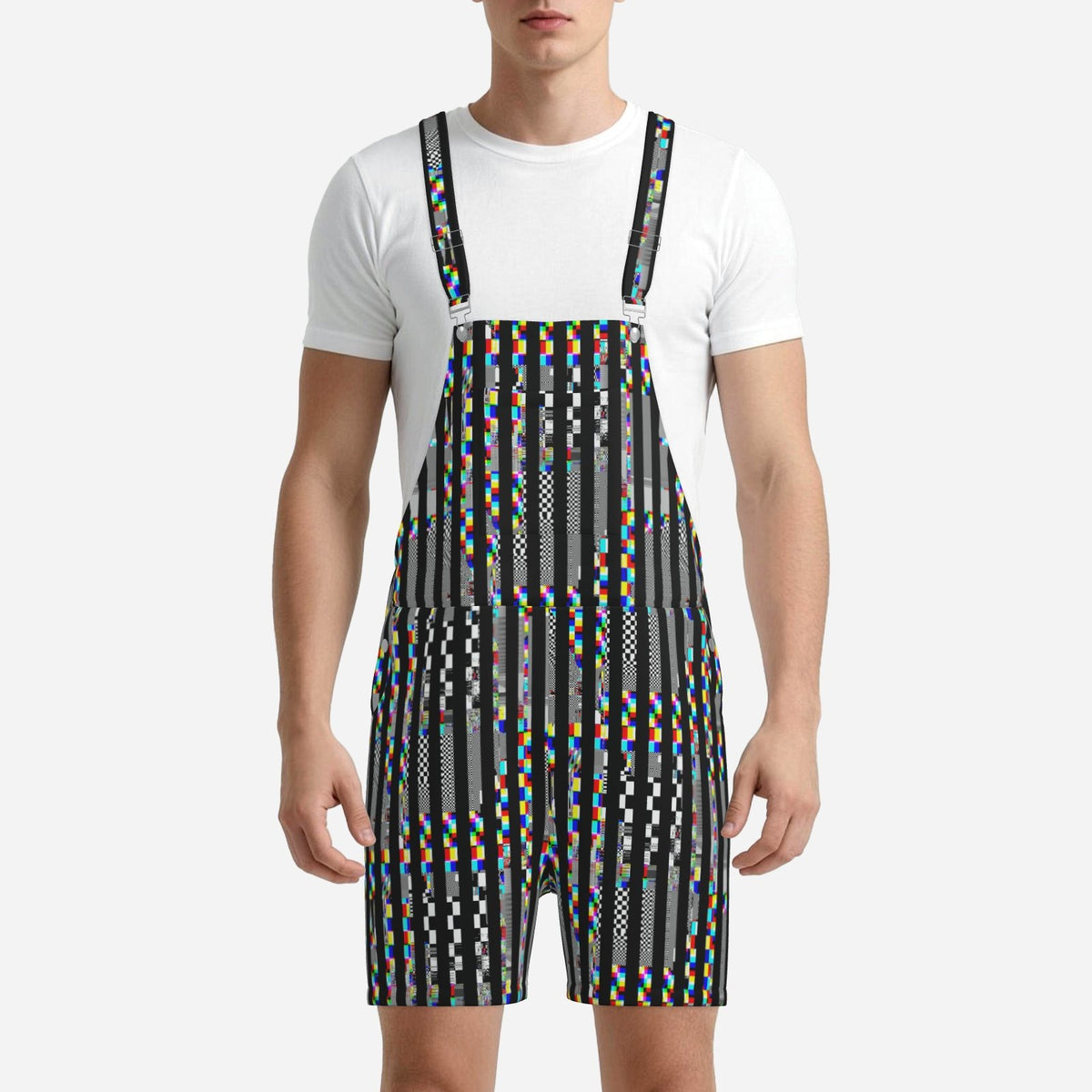 Shortie Overalls TV Glitch Stripe Weirdcore Scene Dungaree Shorts