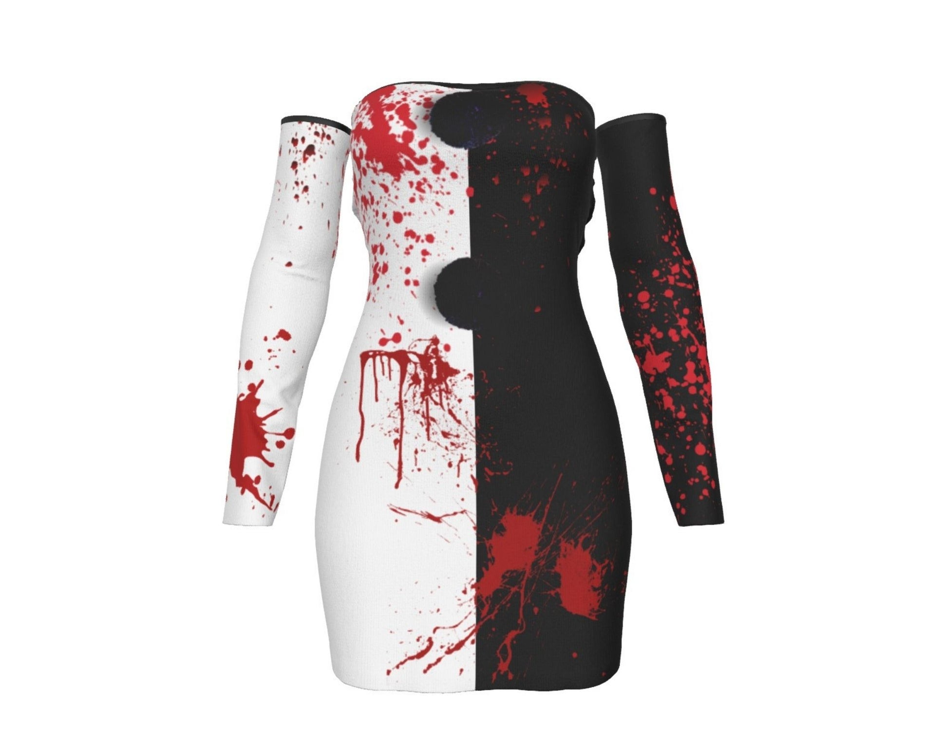 Dress with red and black splatter design on a white background