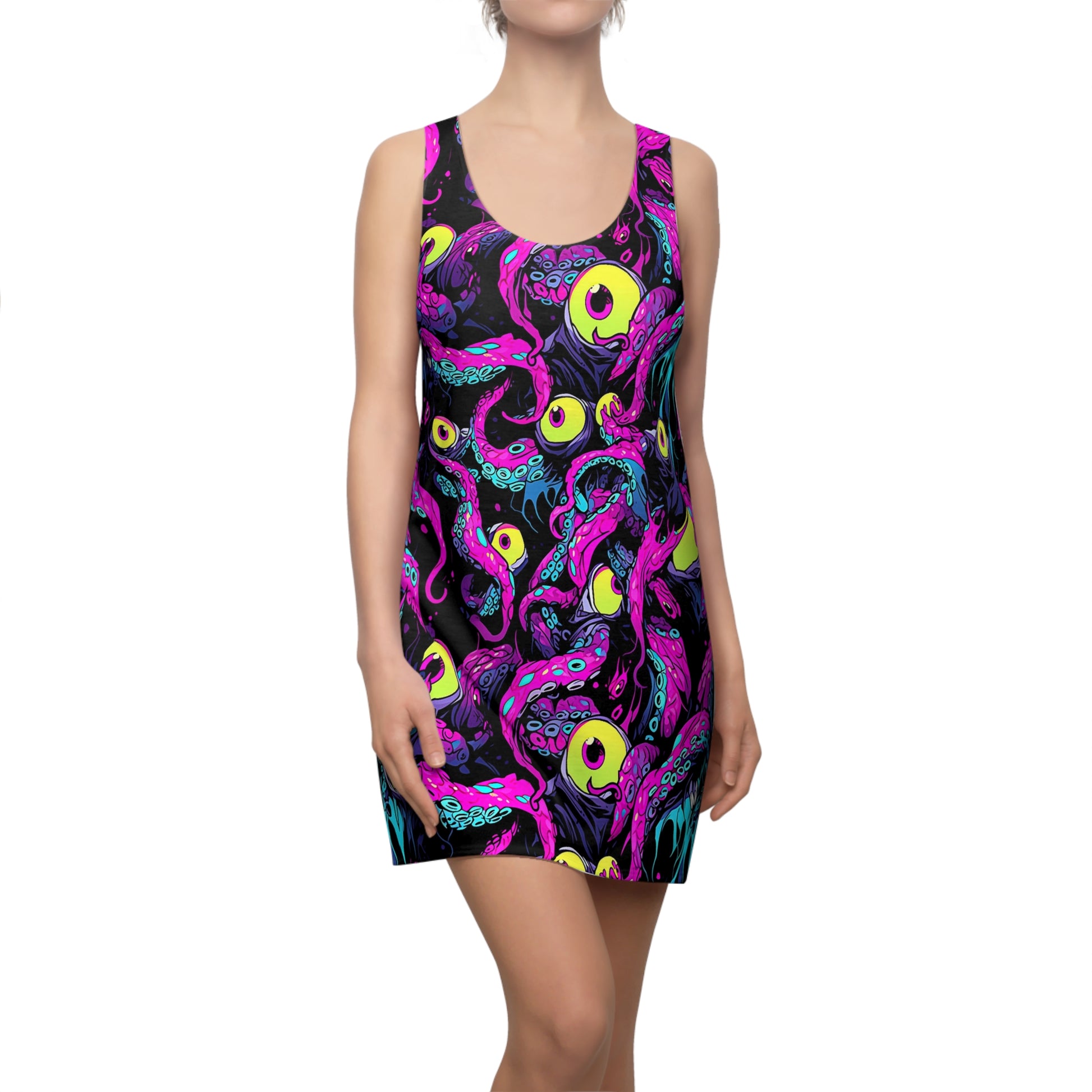 The Shoggy Mini Tank Dress slimy pink tentacles and eyeballs print on short racerback tank dress made in the USA
