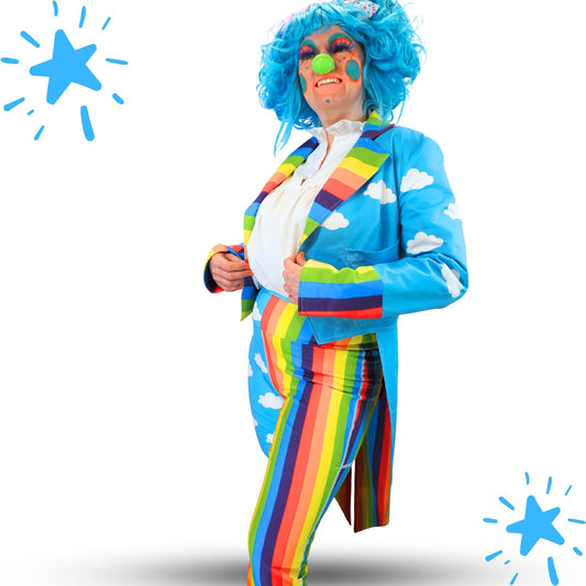 A person modeling a bright clown rainbow tailcoat with a blue wig, blue jacket with rainbow stripes and white cloud print, a white ruffled shirt, rainbow-striped pants, and colorful face makeup, on a white background with blue star graphics.