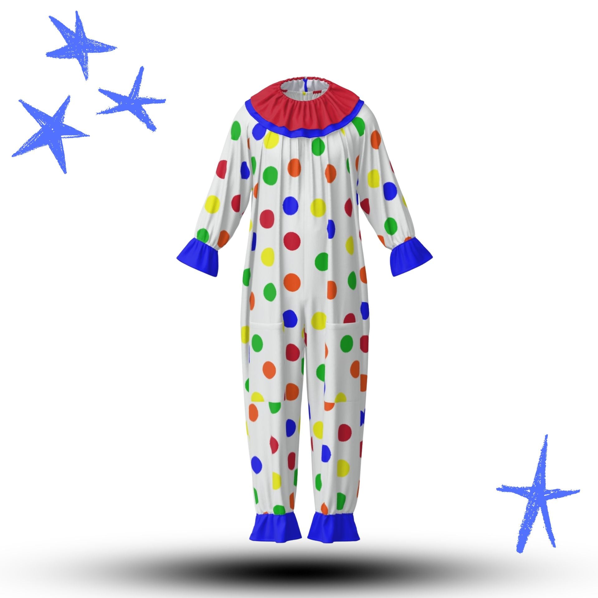 Colorful polka dot adult clown suit with blue accents on a white background