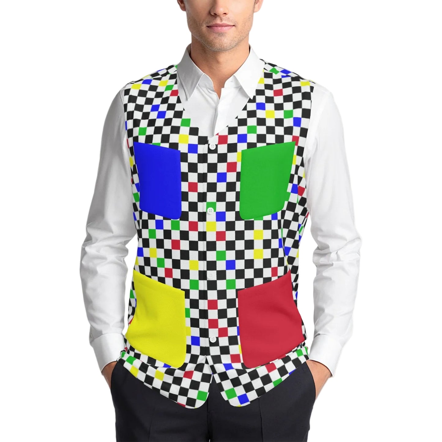 Man wearing a colorful checkered vest over a white shirt on a white background