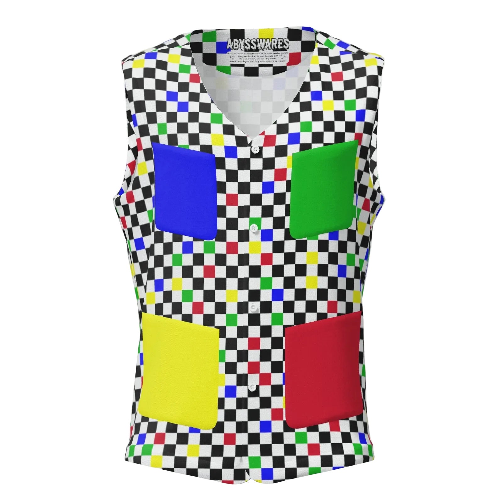 Colorful checkered vest with multicolored square patches on a white background