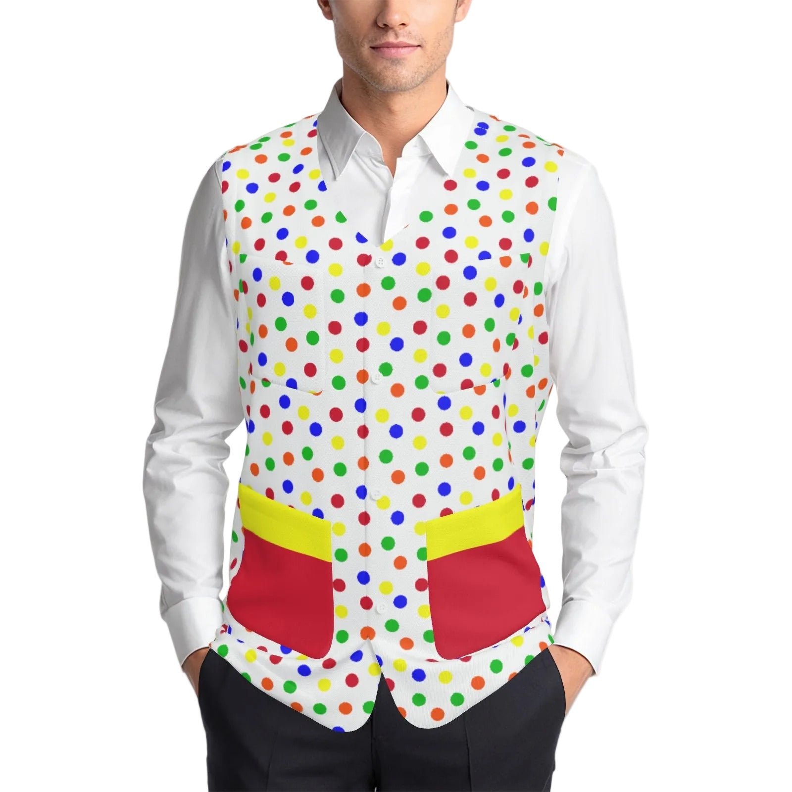 Man wearing a colorful polka dot vest over a white shirt on a white background