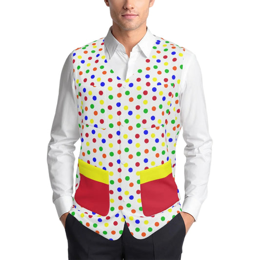 Man wearing a colorful polka dot vest over a white shirt on a white background