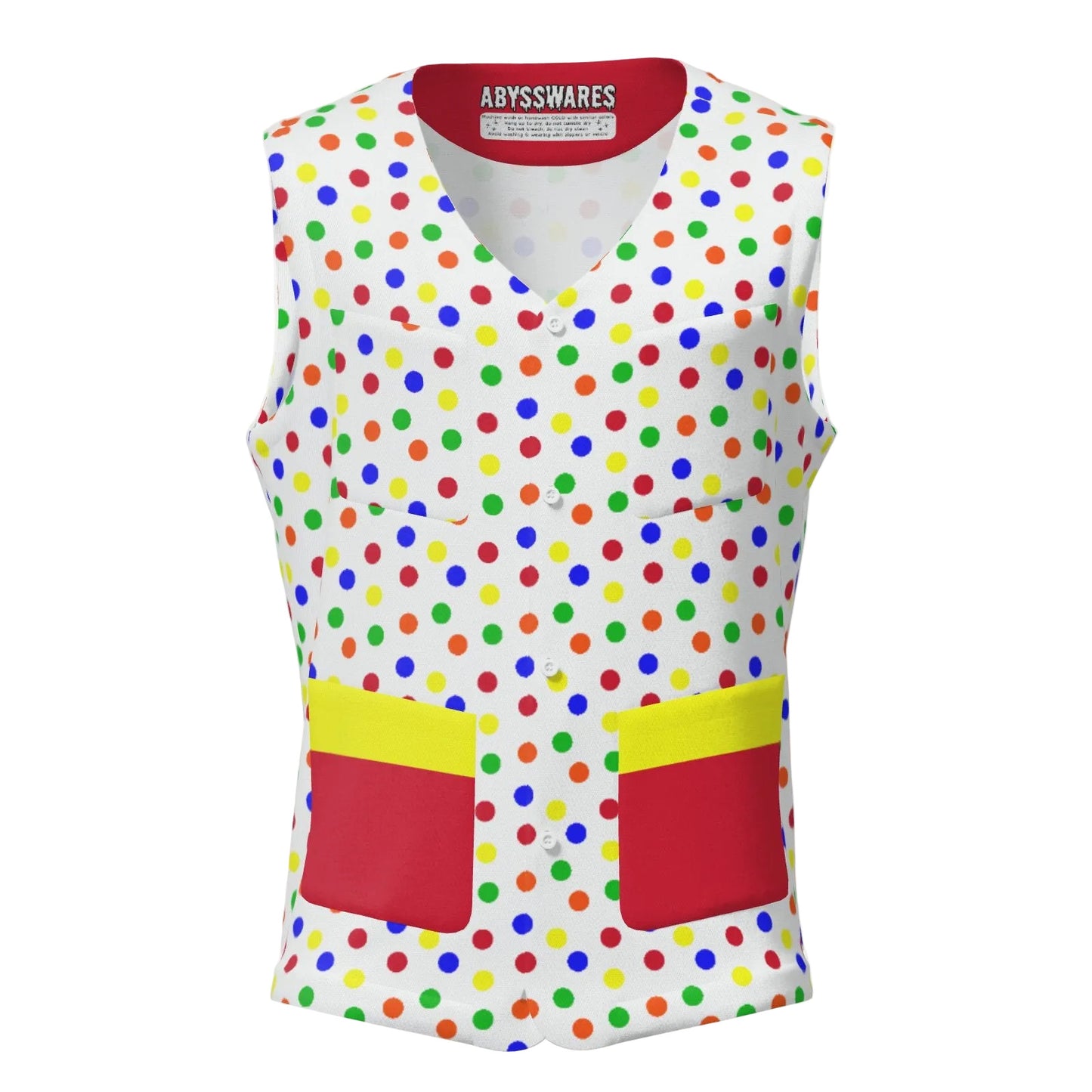 Colorful polka dot vest with red and yellow accents on a white background