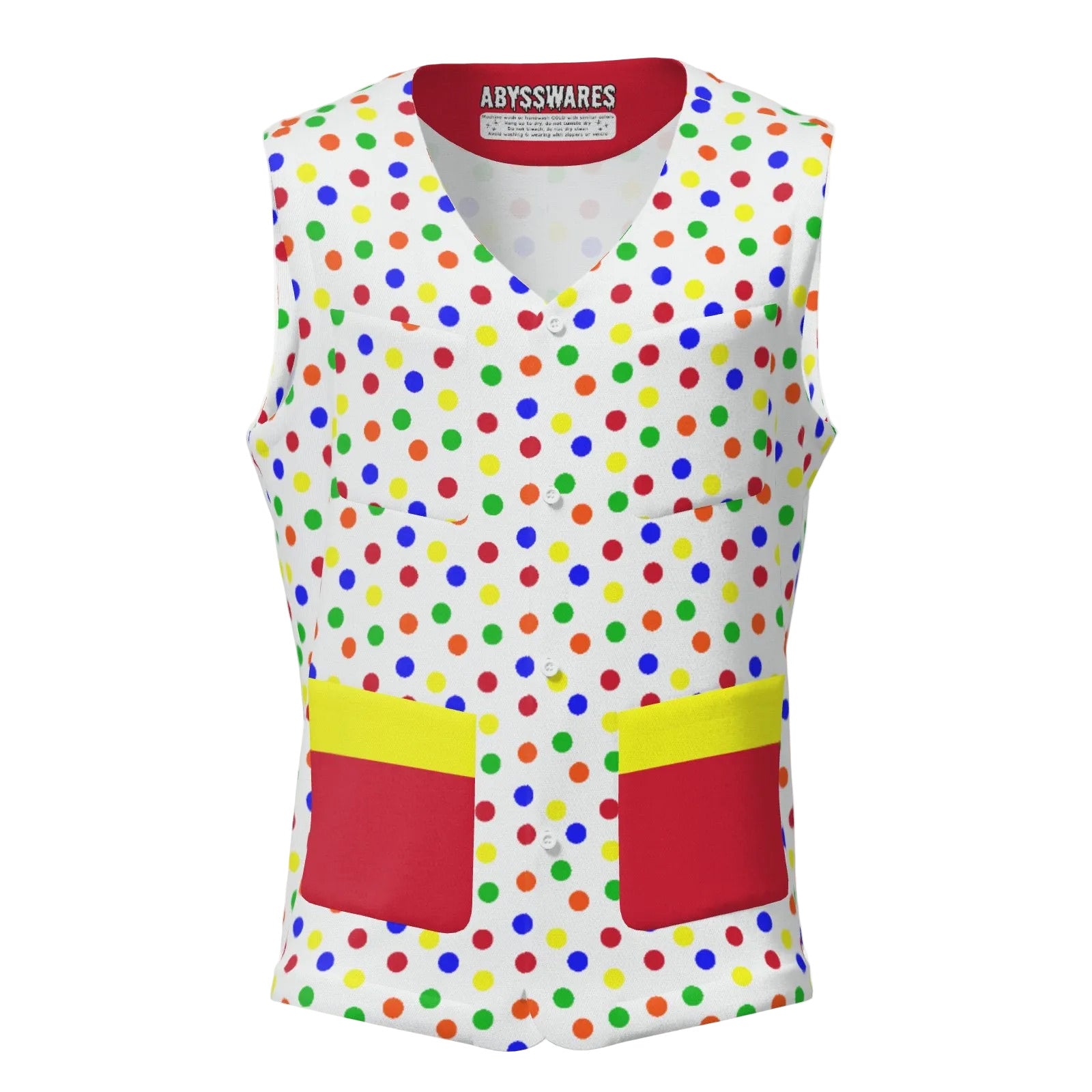 Colorful polka dot vest with red and yellow accents on a white background