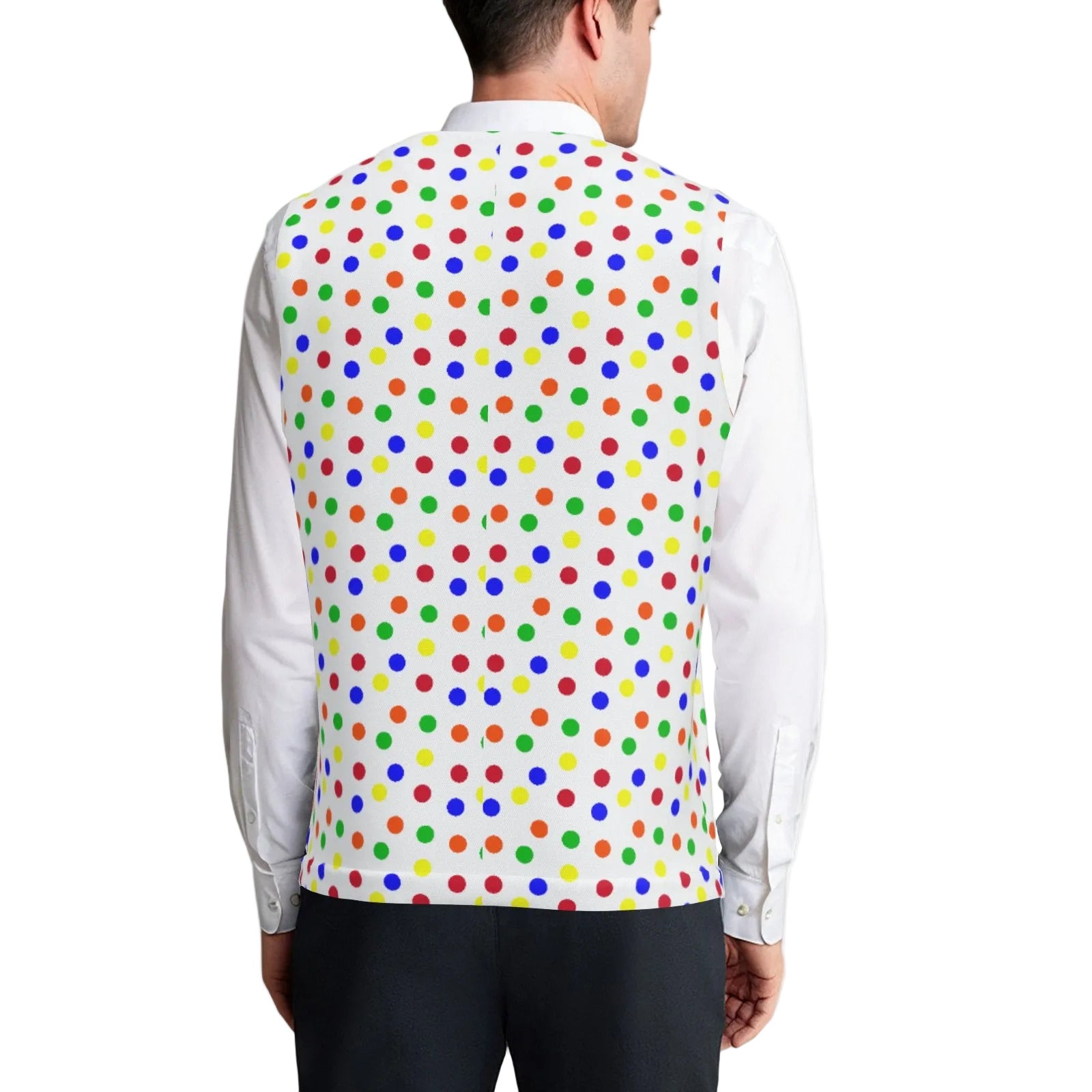 back view of person wearing a vest with a colorful polka dot pattern on the back.