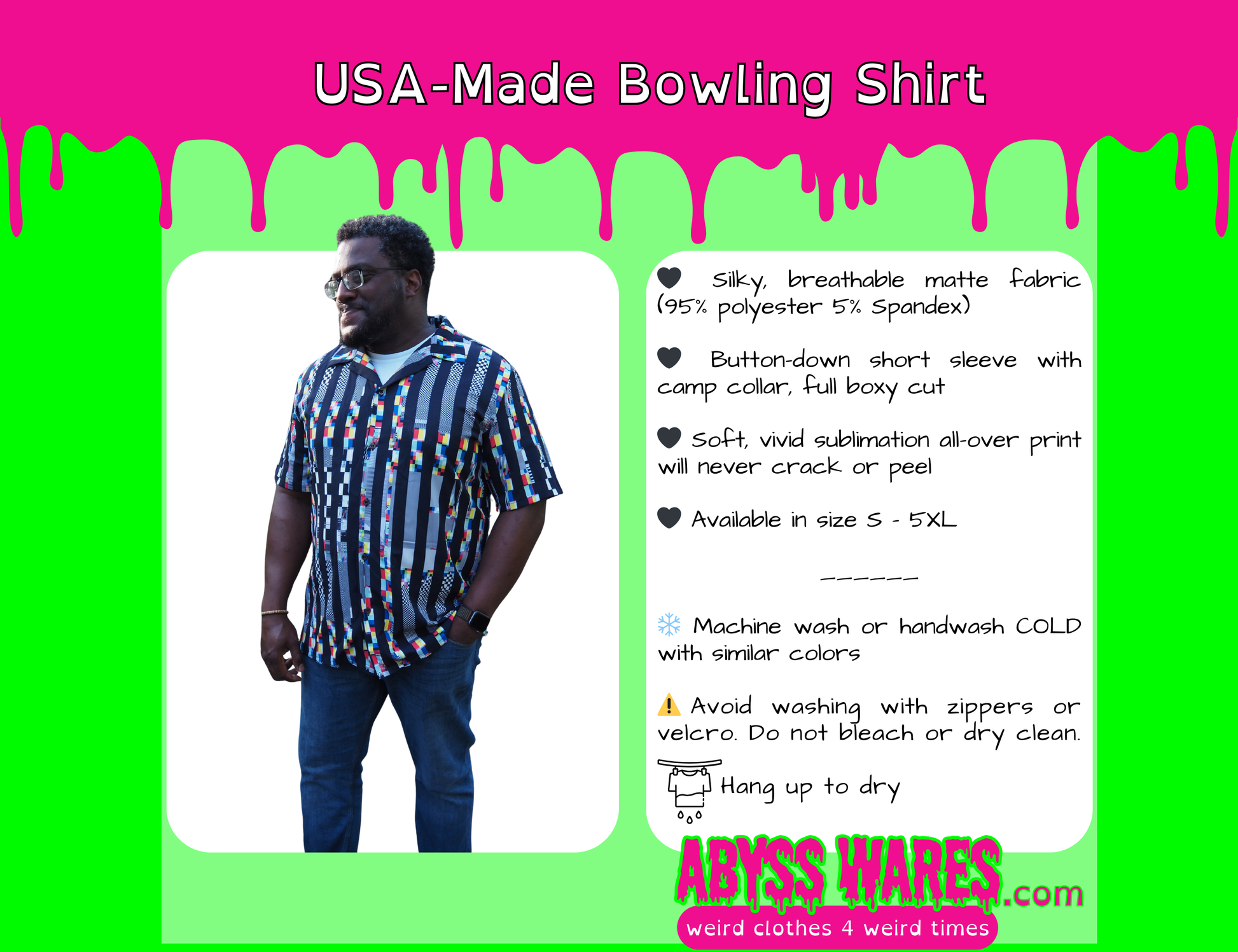 Man wearing a USA-Made Bowling Shirt with product details on a pink and green background