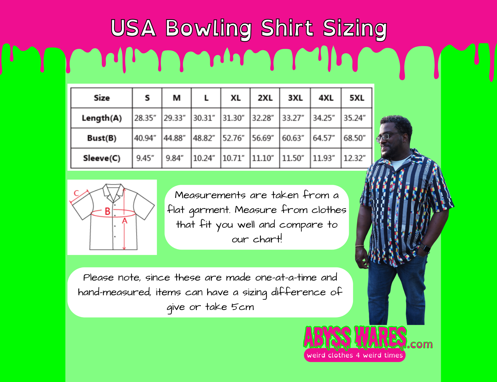 USA Bowling Shirt Sizing chart with a man standing next to it on a green and pink background.