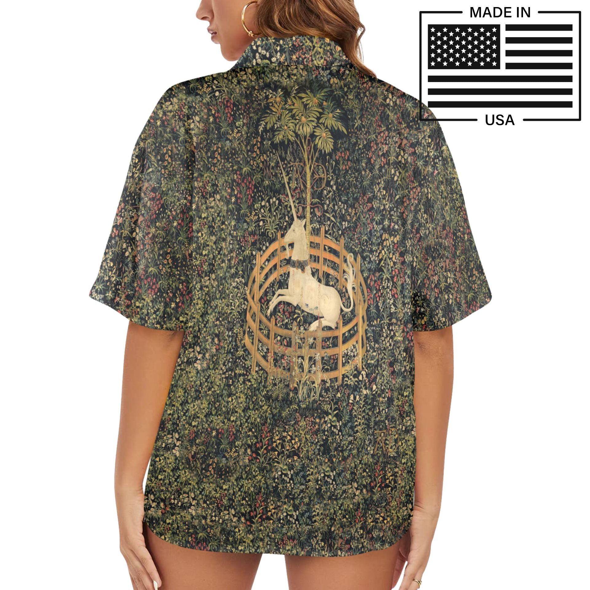 Womens casual Hawaiian-style blouse in French verdure style floral, a reproduction print of famous "Unicorn Resting" tapestry from the Middle Ages. Made in the USA