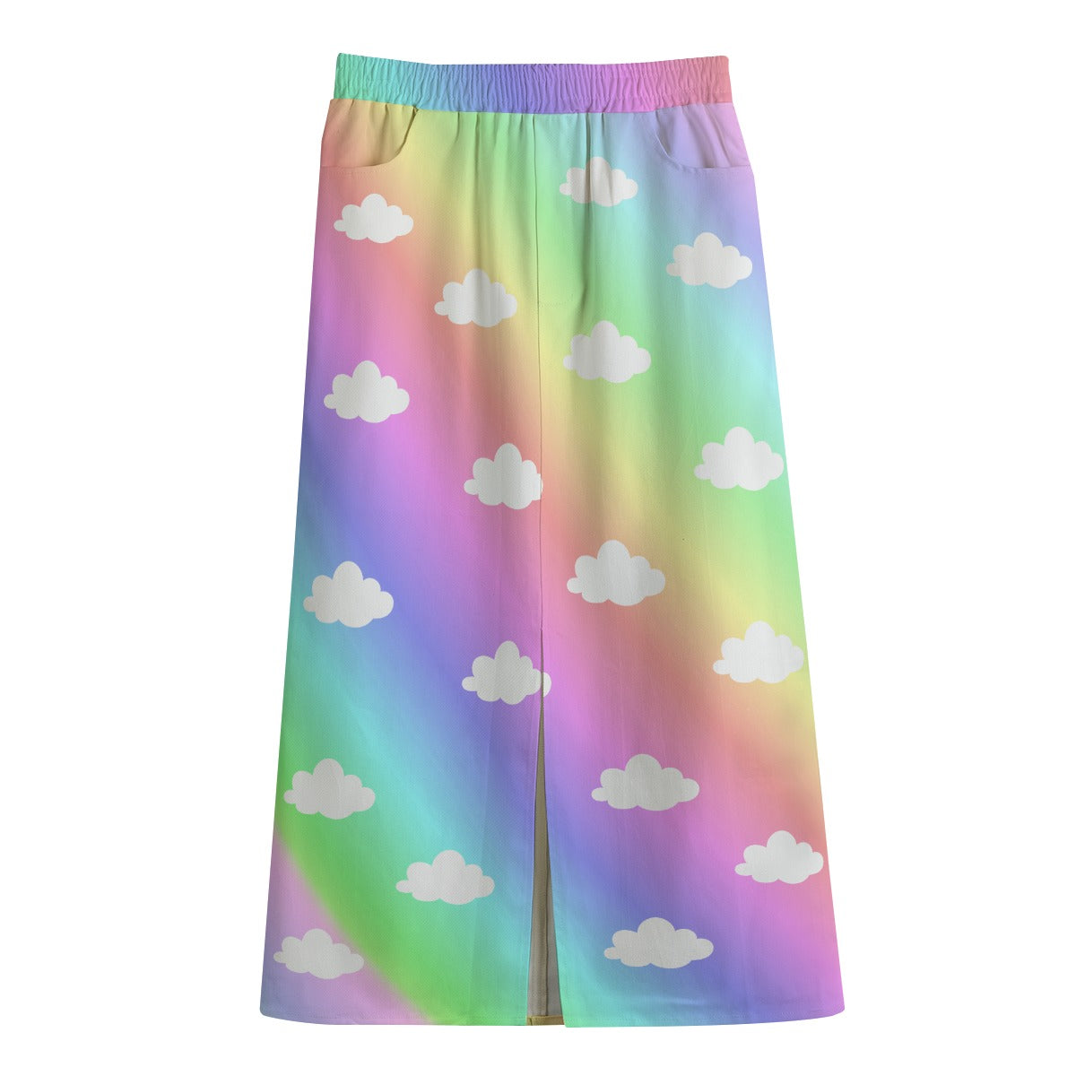 Colorful cotton rainbow maxi skirt with cloud pattern on a white background