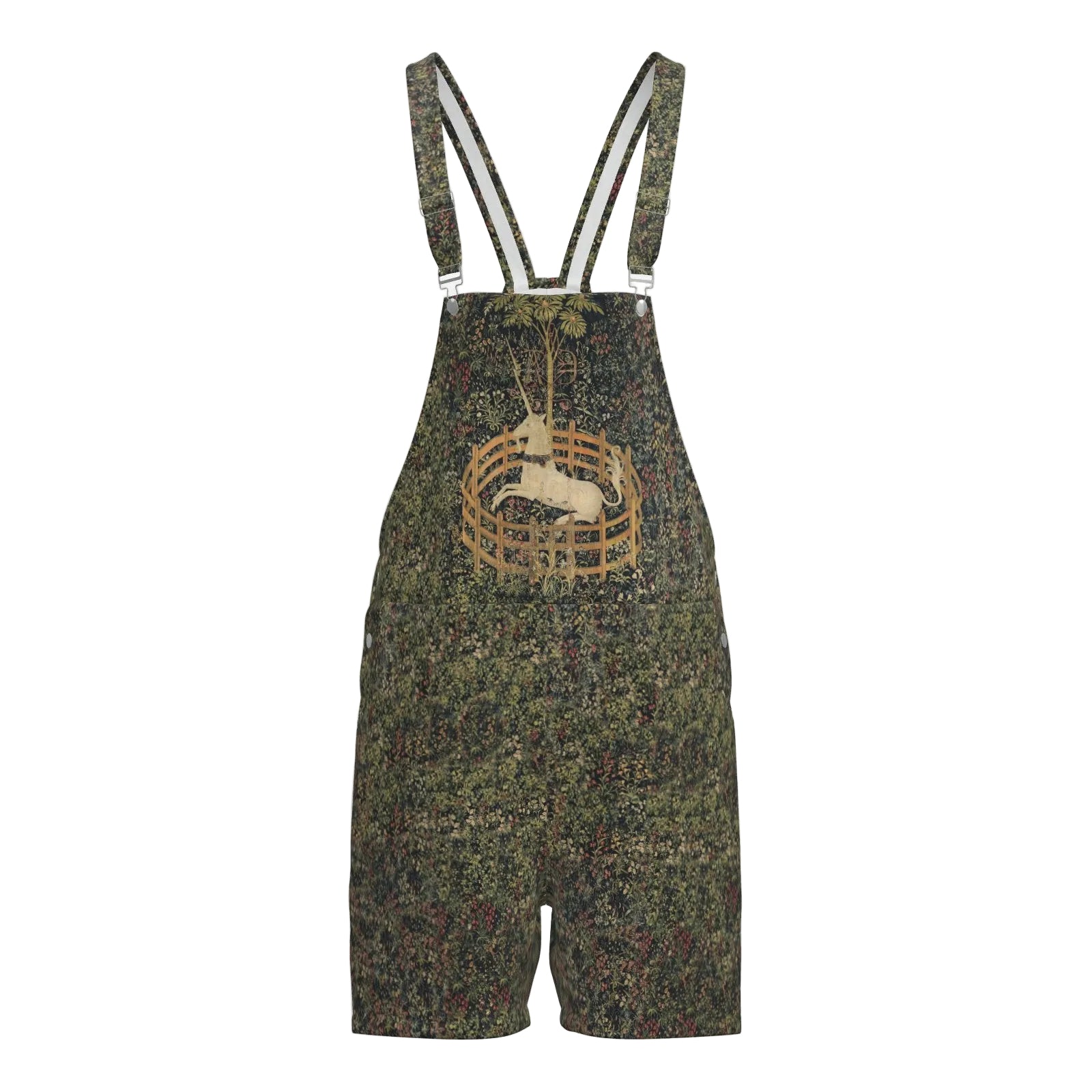 Green shortie overalls with a printed design of the French tapestry Unicorn in Captivity 