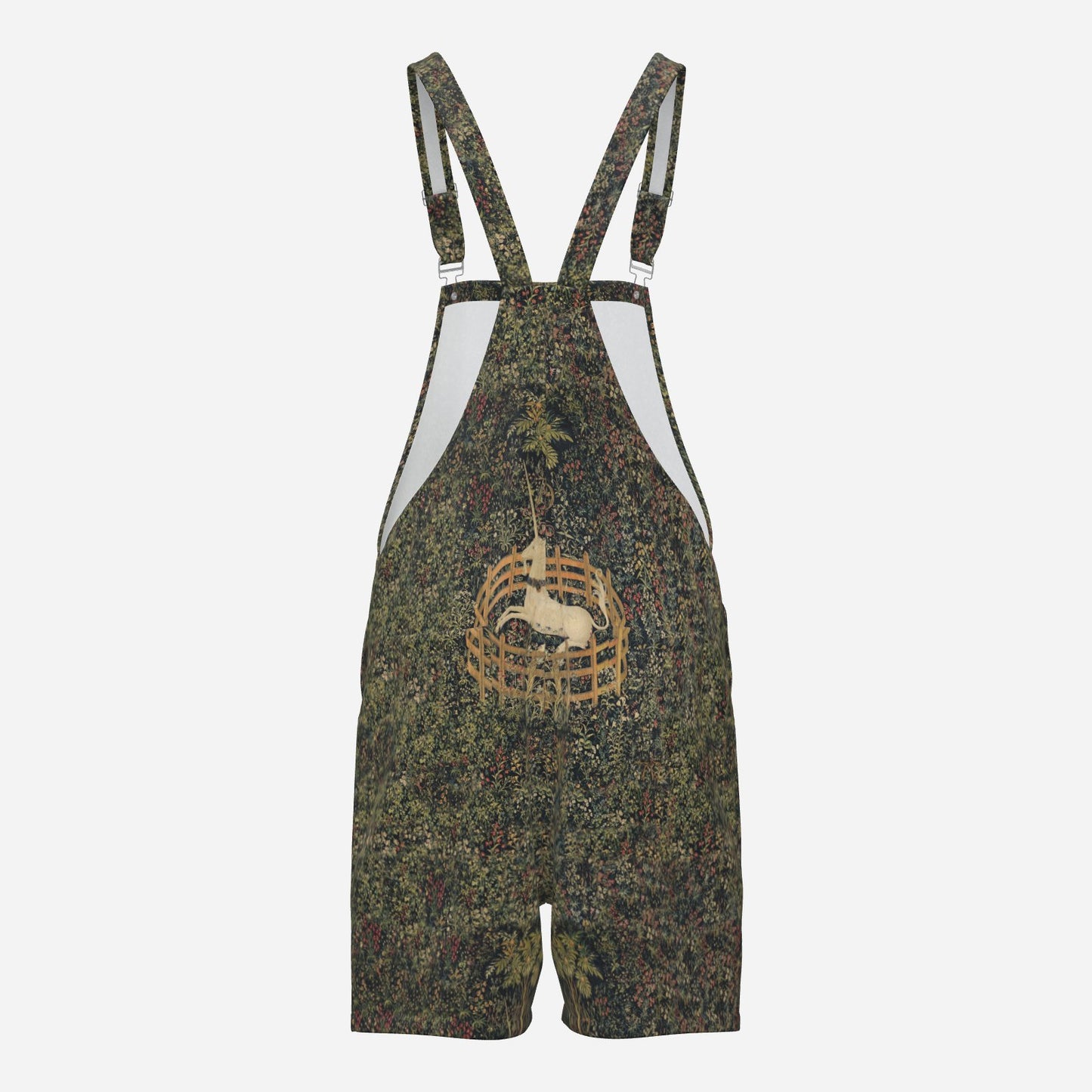 Green patterned overalls with a French tapestry Unicorn in Captivity design on the back