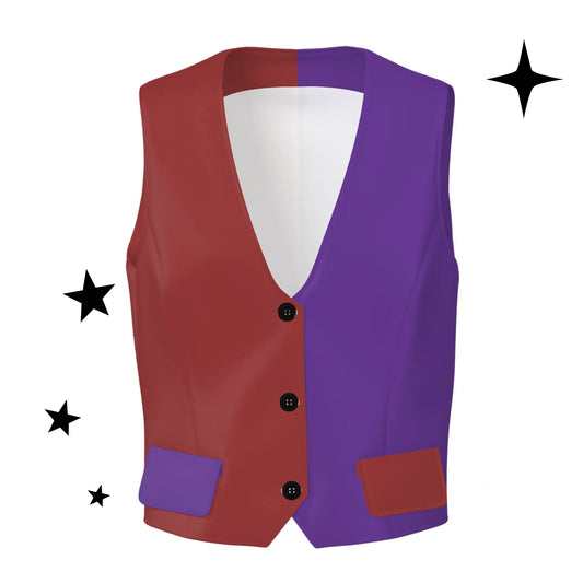 Two-tone red and purple vest with black buttons