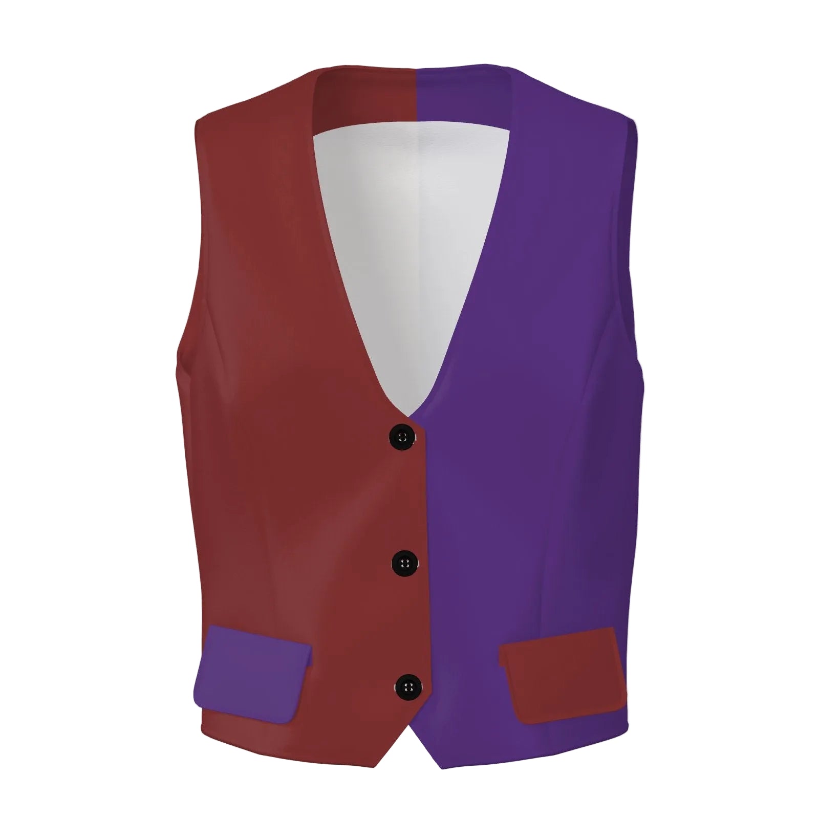 Two-tone red and purple vest with black buttons
